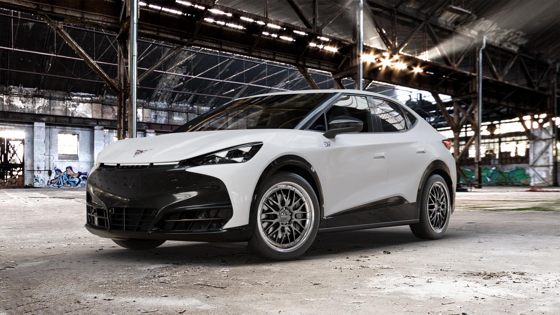 DOTZ BILBAO GUNMETAL/POLISHED LIP Felge mit Reifen grau silber mehrfarbig anthrazit in 20Zoll Winterfelge Alufelge auf weissem Cupra Tavascan Typ KR ⬇️ mit 15mm Tieferlegung ⬇️ Old Industrial Hall_max_5300mm_2024 Frontansicht_1