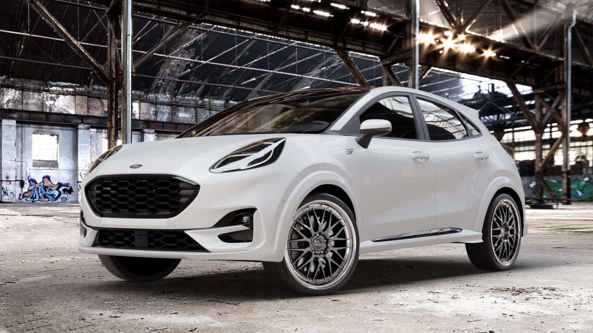 DOTZ BILBAO GUNMETAL/POLISHED LIP Felge mit Reifen grau silber mehrfarbig anthrazit in 20Zoll Winterfelge Alufelge auf weissem Ford Puma II Typ J2K 1,0l EcoBoost 114kW Mild-Hybrid (155 PS) 70kW (95 92kW (125 Facelift ⬇️ mit 15mm Tieferlegung ⬇️ Old Industrial Hall_max_4400mm_2024 Frontansicht_1