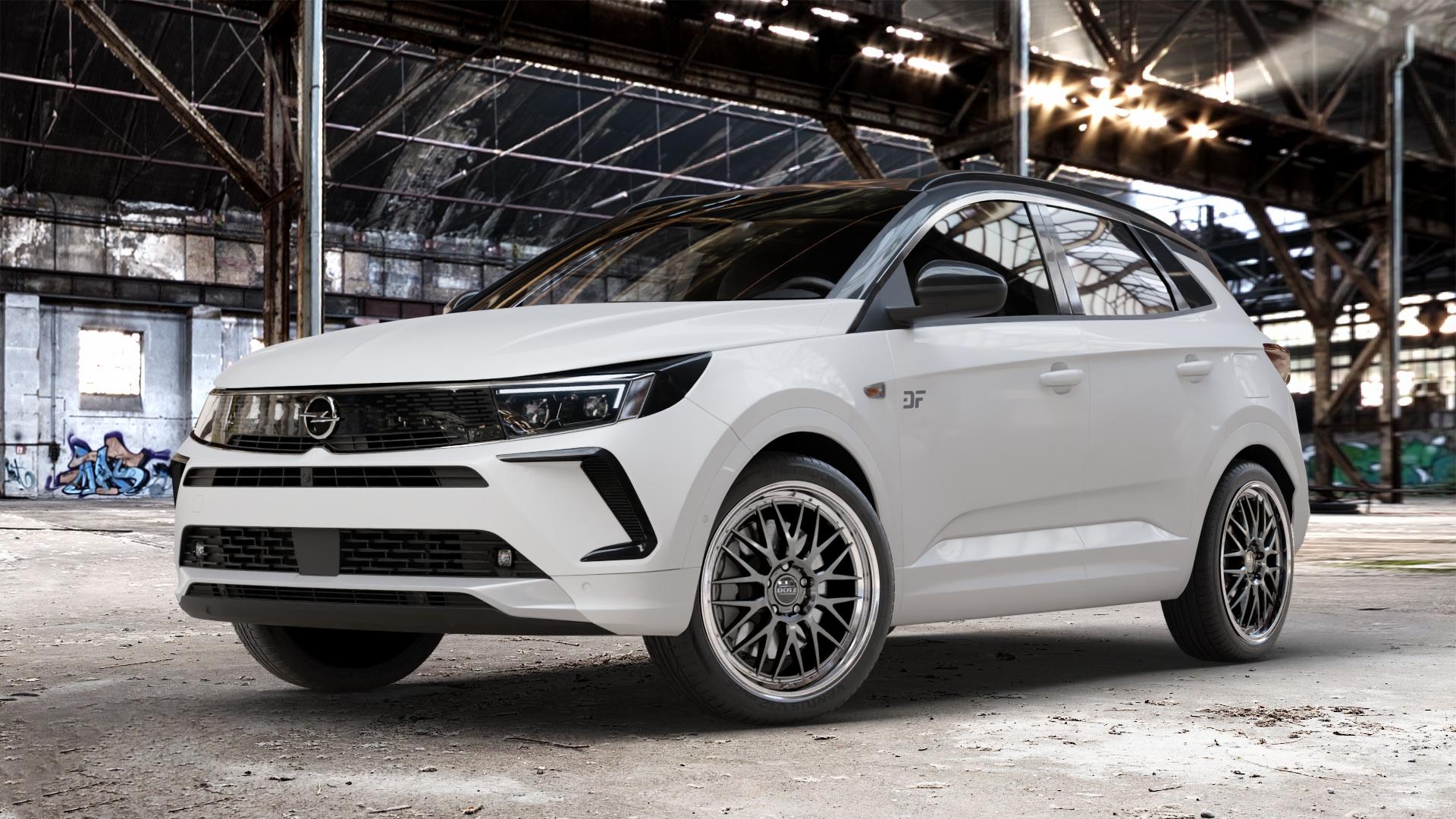 DOTZ BILBAO GUNMETAL/POLISHED LIP Felge mit Reifen grau silber mehrfarbig anthrazit in 20Zoll Winterfelge Alufelge auf weissem Opel Grandland Typ Z Facelift ⬇️ mit 15mm Tieferlegung ⬇️ Old Industrial Hall_max_4400mm_2024 Frontansicht_1
