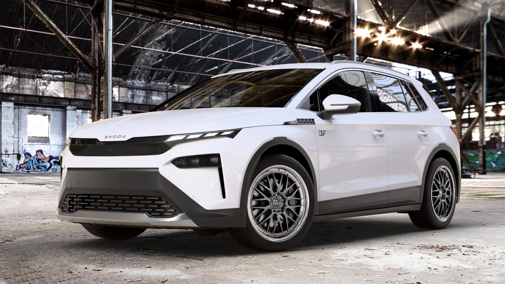DOTZ BILBAO GUNMETAL/POLISHED LIP Felge mit Reifen grau silber mehrfarbig anthrazit in 20Zoll Winterfelge Alufelge auf weissem Skoda Elroq Typ NY 0,0l 89kW 85 (121 PS) 70kW 60 (95 50 ⬇️ mit 15mm Tieferlegung ⬇️ Old Industrial Hall_max_4400mm_2024 Frontansicht_1