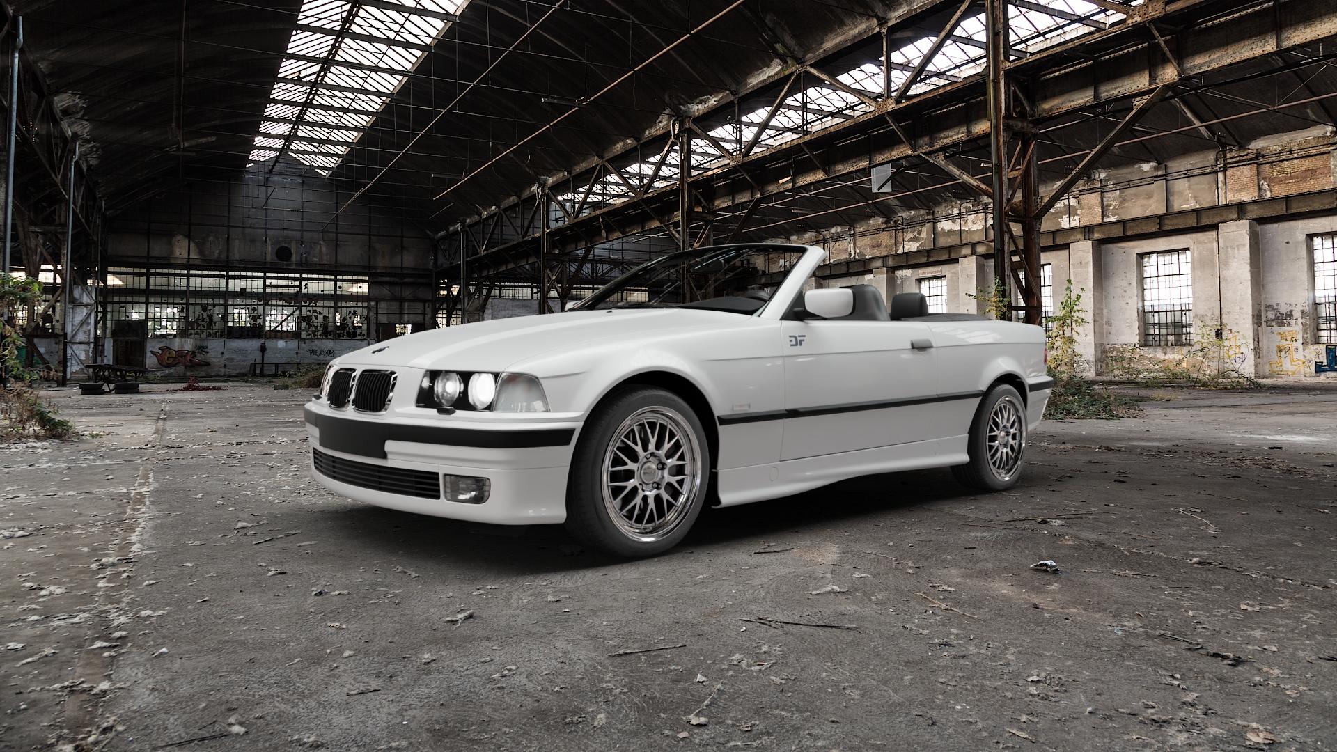 DOTZ BILBAO SILVER/POLISHED LIP Felge mit Reifen silber in 17Zoll Winterfelge Alufelge auf weissem BMW 318i Typ E36 (Cabrio) 320i 323i 325i 328i 3er Cabrio (3/B) ⬇️ mit 15mm Tieferlegung ⬇️ Old Industrial Hall_max5000mm_2022 Frontansicht_1