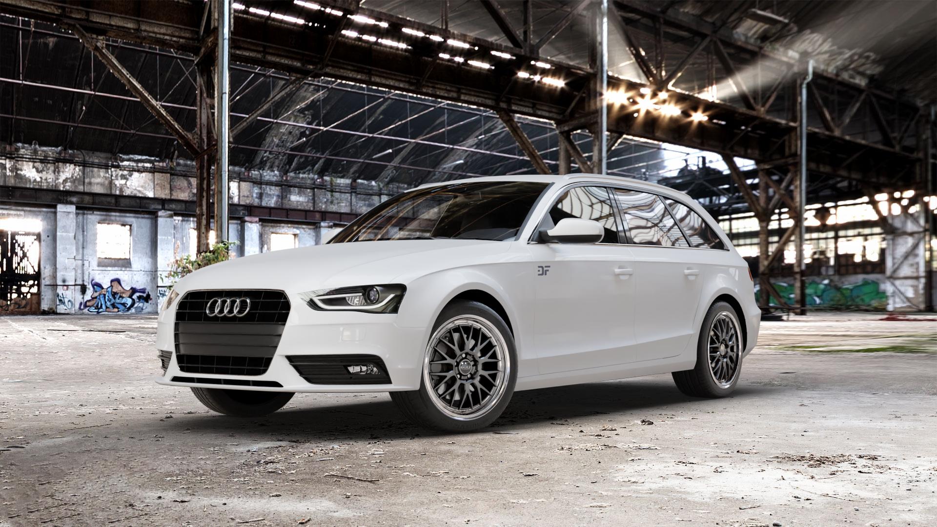 DOTZ BILBAO SILVER/POLISHED LIP Felge mit Reifen silber in 18Zoll Winterfelge Alufelge auf weissem Audi A4 Typ 8K5/B8 (Avant) Facelift ⬇️ mit 15mm Tieferlegung ⬇️ Old Industrial Hall_max_5300mm_2024 Frontansicht_1