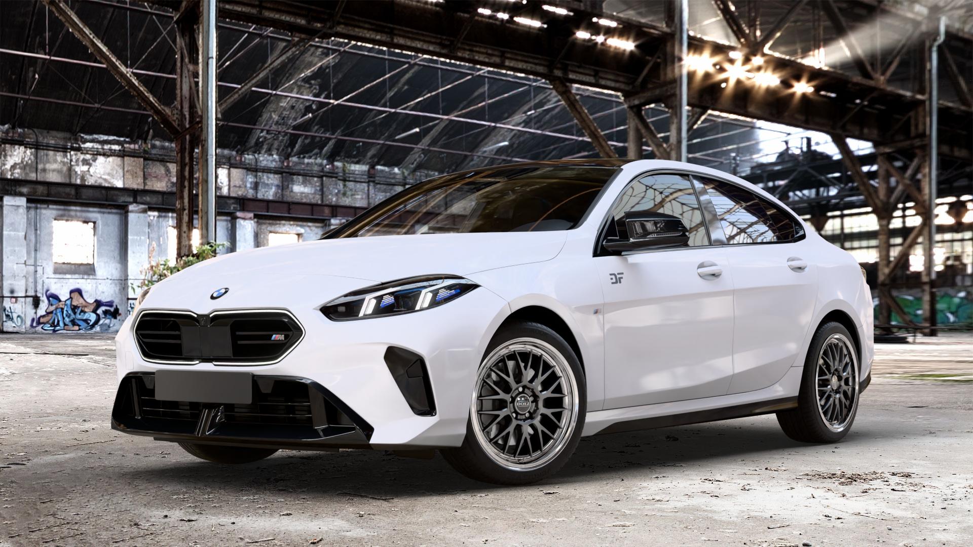DOTZ BILBAO SILVER/POLISHED LIP Felge mit Reifen silber in 18Zoll Winterfelge Alufelge auf weissem BMW M235 xDrive Typ F74 (Gran Coupe) 2,0l 221kW (300 PS) 2er Gran Coupe (F7) ⬇️ mit 15mm Tieferlegung ⬇️ Old Industrial Hall_max_4400mm_2024 Frontansicht_1