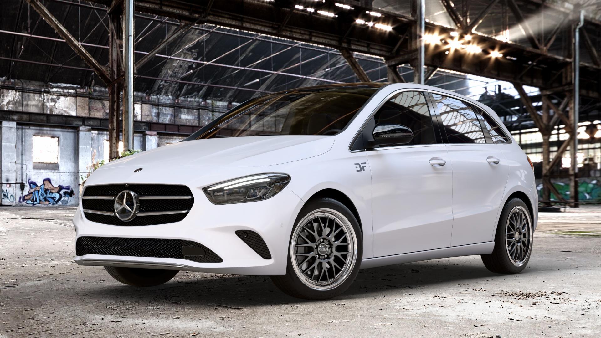 DOTZ BILBAO SILVER/POLISHED LIP Felge mit Reifen silber in 18Zoll Winterfelge Alufelge auf weissem Mercedes B-Klasse Typ W247 ⬇️ mit 15mm Tieferlegung ⬇️ Old Industrial Hall_max_4400mm_2024 Frontansicht_1