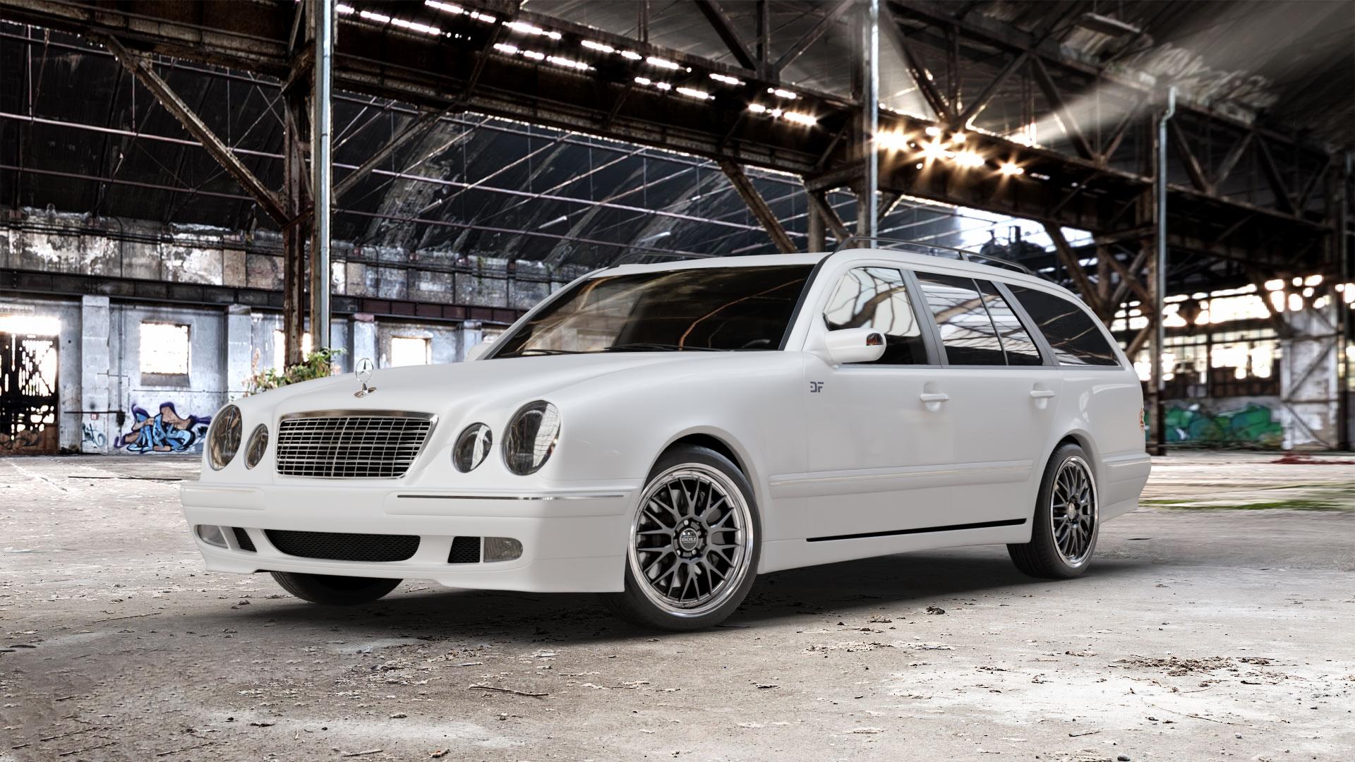 DOTZ BILBAO SILVER/POLISHED LIP Felge mit Reifen silber in 18Zoll Winterfelge Alufelge auf weissem Mercedes E-Klasse Typ S210 Kombi ⬇️ mit 15mm Tieferlegung ⬇️ Old Industrial Hall_max_5300mm_2024 Frontansicht_1