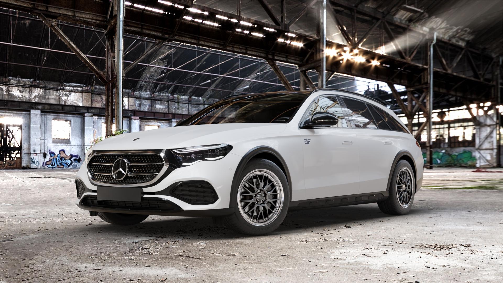 DOTZ BILBAO SILVER/POLISHED LIP Felge mit Reifen silber in 18Zoll Winterfelge Alufelge auf weissem Mercedes E-Klasse Typ S214 All-Terrain Coupe ⬇️ mit 15mm Tieferlegung ⬇️ Old Industrial Hall_max_5300mm_2024 Frontansicht_1