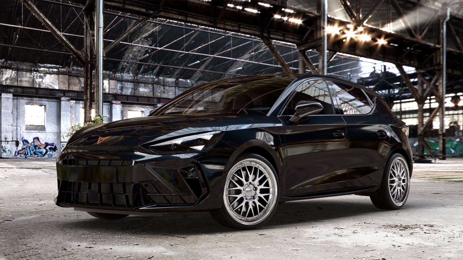 DOTZ BILBAO SILVER/POLISHED LIP Felge mit Reifen silber in 19Zoll Winterfelge Alufelge auf metallic schwarzem Cupra Leon Typ KL Facelift ⬇️ mit 15mm Tieferlegung ⬇️ Old Industrial Hall_max_4400mm_2024 Frontansicht_1