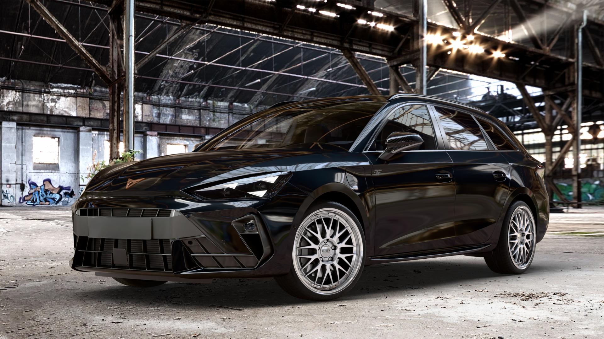 DOTZ BILBAO SILVER/POLISHED LIP Felge mit Reifen silber in 19Zoll Winterfelge Alufelge auf metallic schwarzem Cupra Leon Typ KL ST Facelift ⬇️ mit 15mm Tieferlegung ⬇️ Old Industrial Hall_max_4400mm_2024 Frontansicht_1