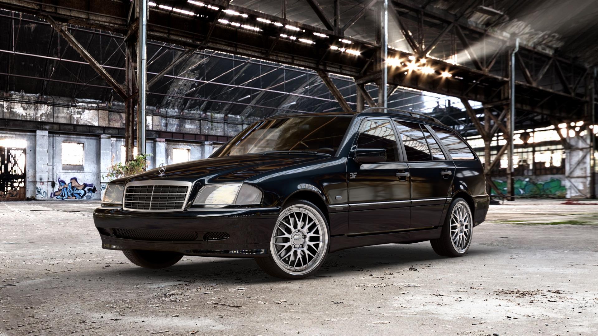 DOTZ BILBAO SILVER/POLISHED LIP Felge mit Reifen silber in 19Zoll Winterfelge Alufelge auf metallic schwarzem Mercedes C-Klasse Typ S202 Kombi ⬇️ mit 15mm Tieferlegung ⬇️ Old Industrial Hall_max_5300mm_2024 Frontansicht_1