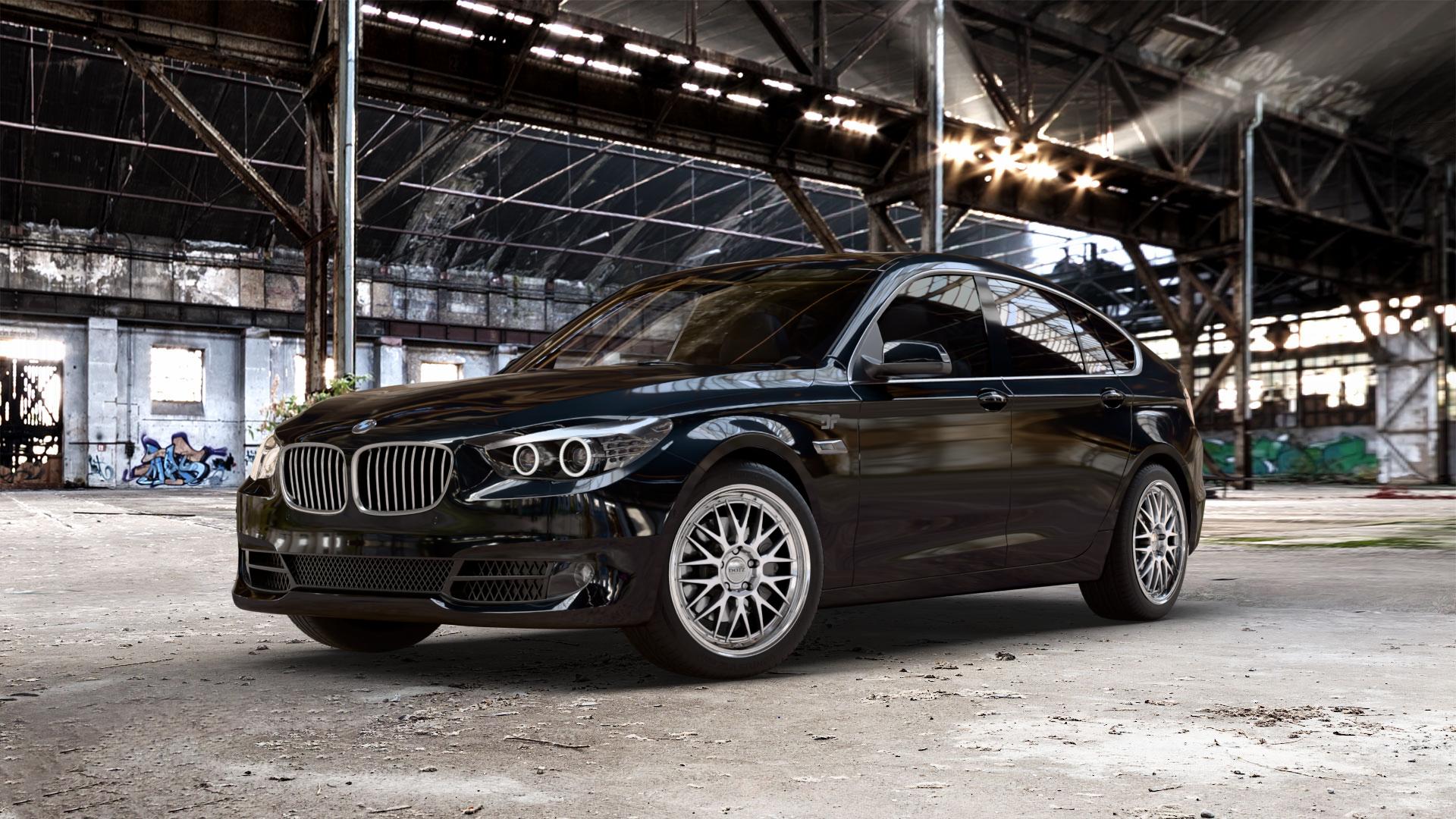 DOTZ BILBAO SILVER/POLISHED LIP Felge mit Reifen silber in 19Zoll Winterfelge Alufelge auf schwarzem BMW 535i GT Typ F07 xDrive 550i 530d 535d 520d 528i 5er Gran Turismo (GT, K-N1) ⬇️ mit 15mm Tieferlegung ⬇️ Old Industrial Hall_max_5300mm_2024 Frontansicht_1