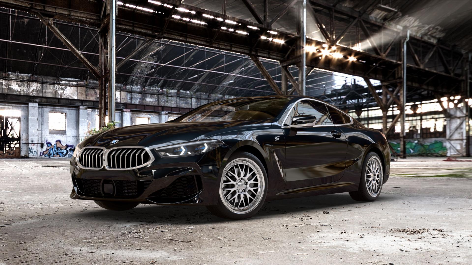 DOTZ BILBAO SILVER/POLISHED LIP Felge mit Reifen silber in 19Zoll Winterfelge Alufelge auf schwarzem metallic BMW 840d xDrive Typ G15 M850i 840i M8 F8CM (Coupe) 8er Coupé (G8C) ⬇️ mit 15mm Tieferlegung ⬇️ Old Industrial Hall_max_5300mm_2024 Frontansicht_1