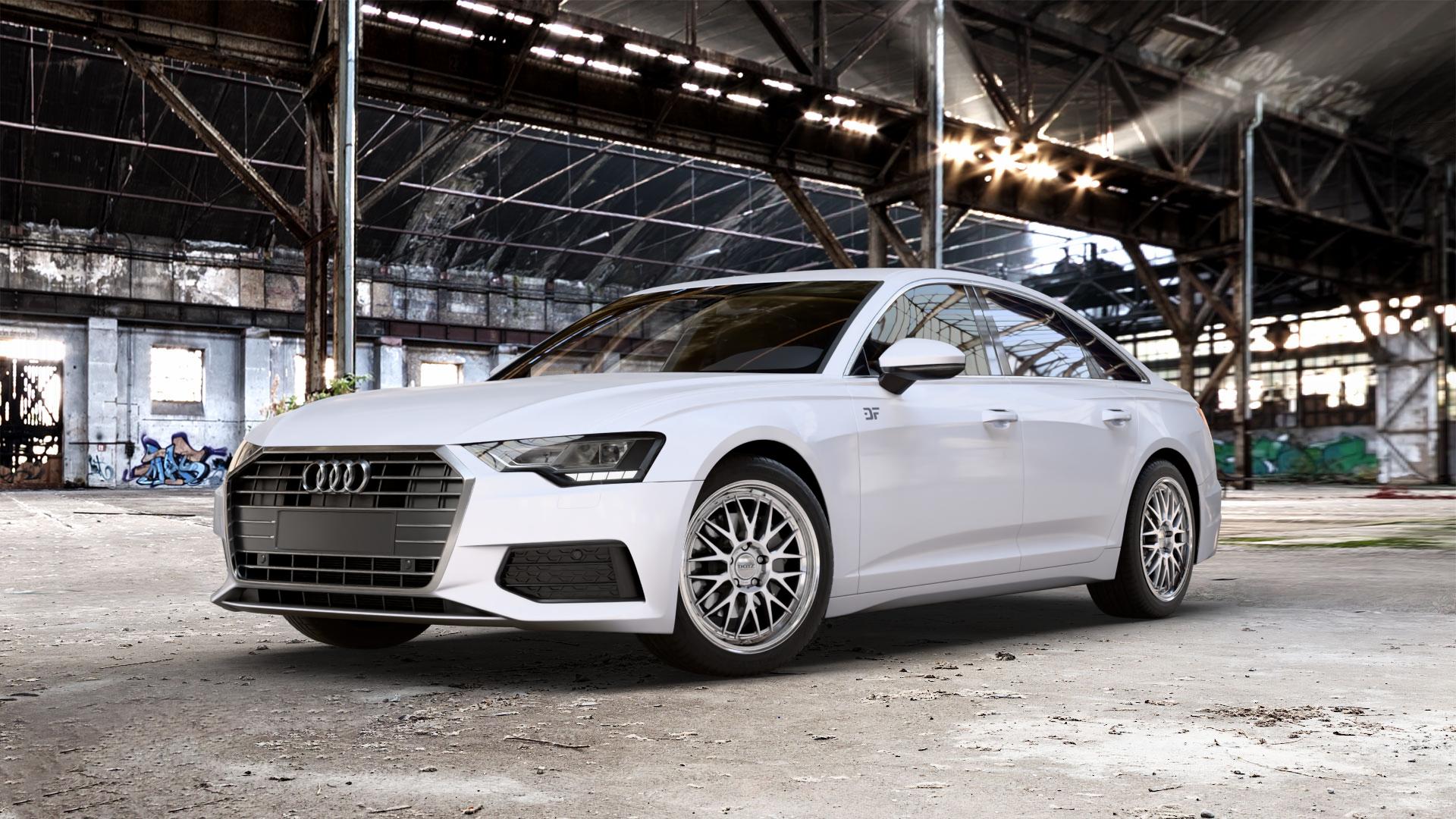 DOTZ BILBAO SILVER/POLISHED LIP Felge mit Reifen silber in 19Zoll Winterfelge Alufelge auf weissem Audi A6 Typ F2/C8 (Limousine) ⬇️ mit 15mm Tieferlegung ⬇️ Old Industrial Hall_max_5300mm_2024 Frontansicht_1