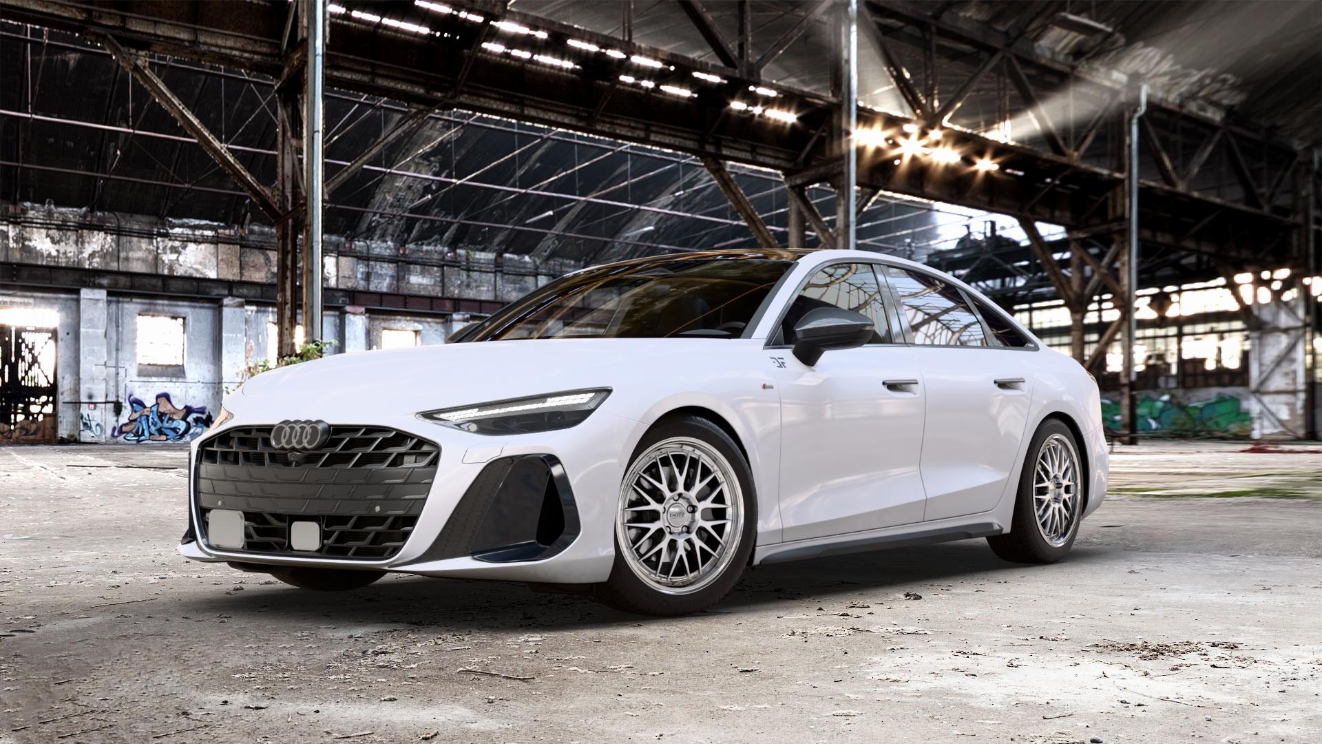 DOTZ BILBAO SILVER/POLISHED LIP Felge mit Reifen silber in 19Zoll Winterfelge Alufelge auf weissem Audi A6 Typ F2/C9 (Limousine) 2,0l TDI 150kW Mild-Hybrid (204 PS) 120kW (163 Quattro TFSI 195kW (265 TSI 3,0l 210kW (286 180kW (245 270kW (367 250kW (340 E 185kW ⬇️ mit 15mm Tieferlegung ⬇️ Old Industrial Hall_max_5300mm_2024 Frontansicht_1