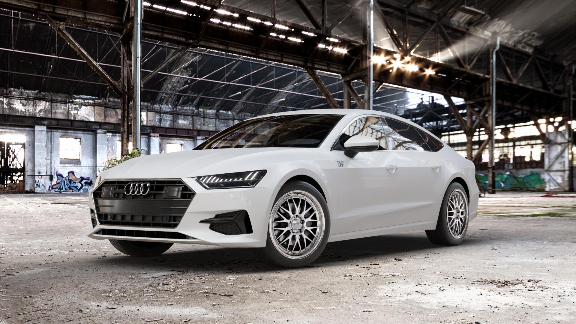 DOTZ BILBAO SILVER/POLISHED LIP Felge mit Reifen silber in 19Zoll Winterfelge Alufelge auf weissem Audi A7 Typ F2/C8 (Sportback) ⬇️ mit 15mm Tieferlegung ⬇️ Old Industrial Hall_max_5300mm_2024 Frontansicht_1
