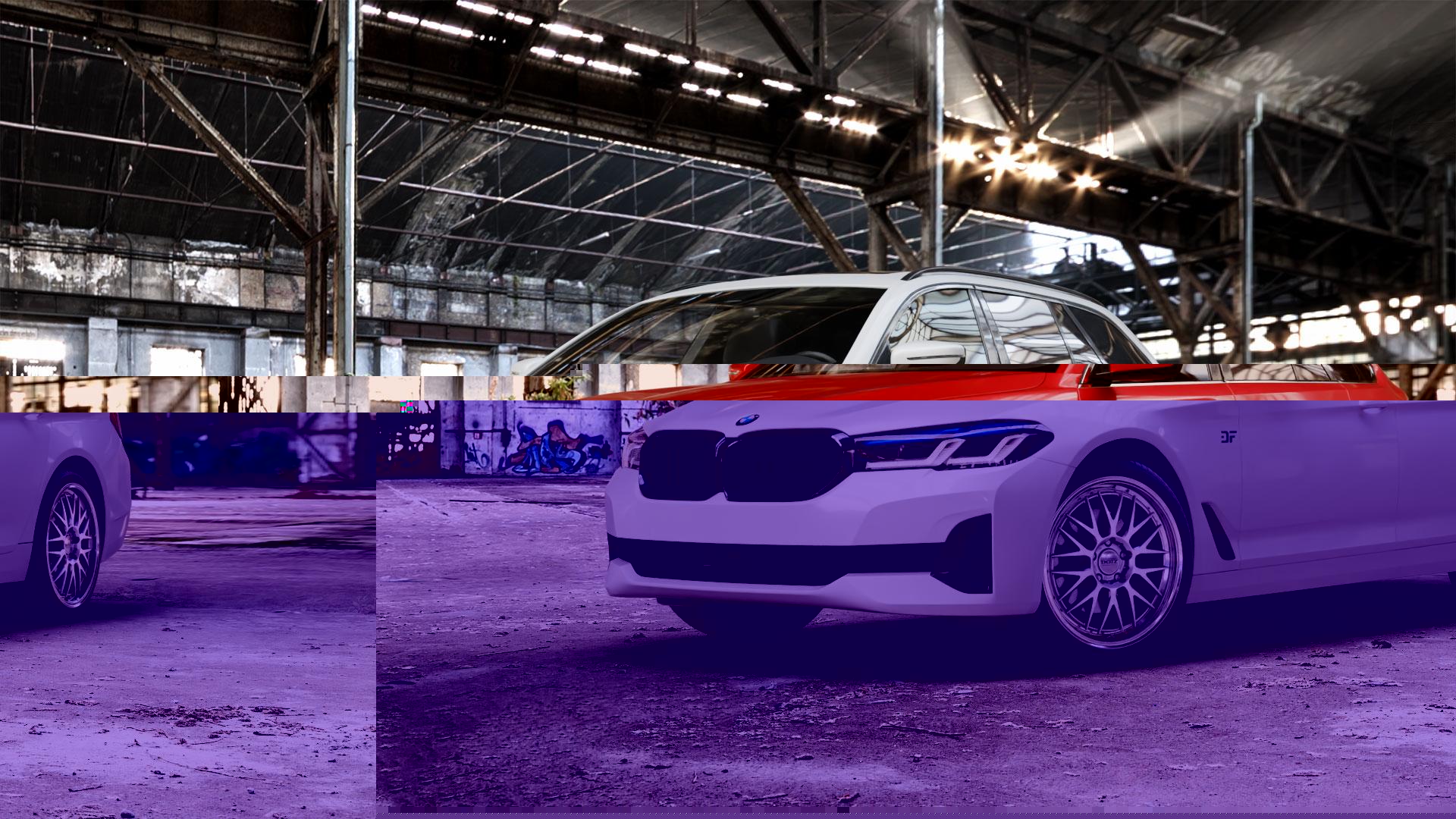 DOTZ BILBAO SILVER/POLISHED LIP Felge mit Reifen silber in 19Zoll Winterfelge Alufelge auf weissem BMW 5er G31 Touring (G5K) Facelift ⬇️ mit 15mm Tieferlegung ⬇️ Old Industrial Hall_max_5300mm_2024 Frontansicht_1