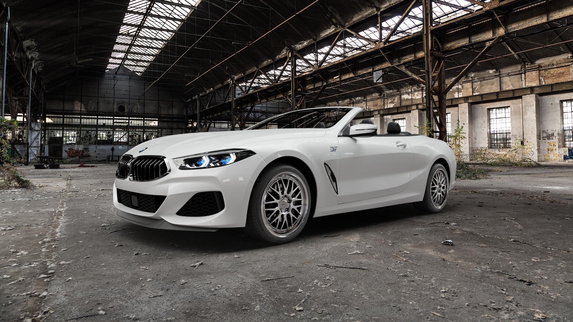 DOTZ BILBAO SILVER/POLISHED LIP Felge mit Reifen silber in 19Zoll Winterfelge Alufelge auf weissem BMW 840d xDrive Typ G14 3,0l 235kW (320 PS) M850i 4,4l 390kW (530 840i 250kW (340 M8 F8CM (Cabrio) 8er Cabrio (G8C) ⬇️ mit 15mm Tieferlegung ⬇️ Old Industrial Hall_max5000mm_2022 Frontansicht_1