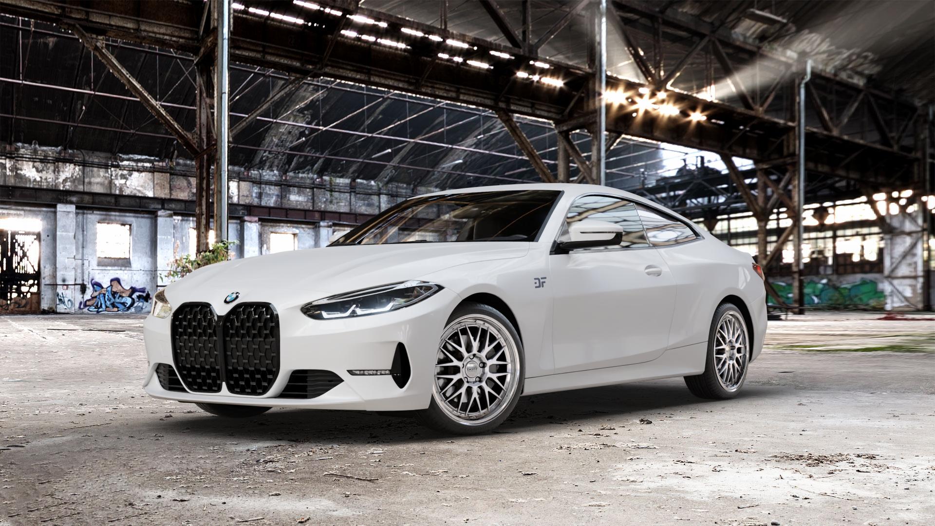 DOTZ BILBAO SILVER/POLISHED LIP Felge mit Reifen silber in 19Zoll Winterfelge Alufelge auf weissem BMW M4 Typ G82 (Coupe) CSL 4er G22 Coupé (G3C) ⬇️ mit 15mm Tieferlegung ⬇️ Old Industrial Hall_max_5300mm_2024 Frontansicht_1