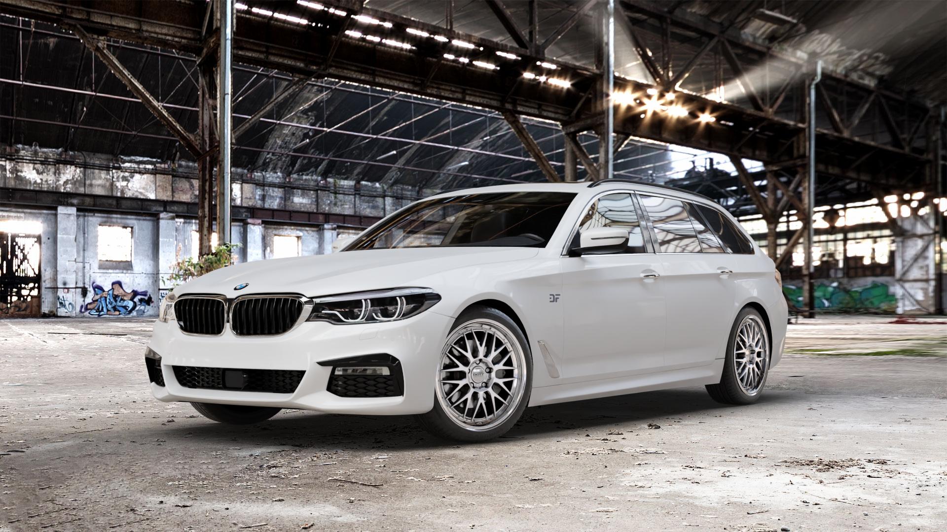 DOTZ BILBAO SILVER/POLISHED LIP Felge mit Reifen silber in 19Zoll Winterfelge Alufelge auf weissem BMW M5 Typ F90 (Limousine) Facelift 5er G31 Touring (G5K) ⬇️ mit 15mm Tieferlegung ⬇️ Old Industrial Hall_max_5300mm_2024 Frontansicht_1