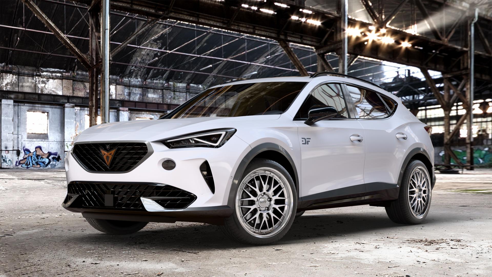 DOTZ BILBAO SILVER/POLISHED LIP Felge mit Reifen silber in 19Zoll Winterfelge Alufelge auf weissem Cupra Formentor Typ KM ⬇️ mit 15mm Tieferlegung ⬇️ Old Industrial Hall_max_4400mm_2024 Frontansicht_1
