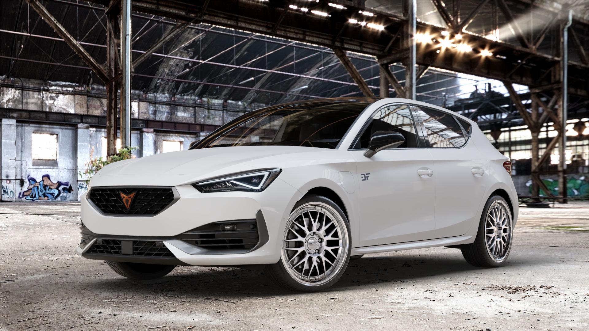 DOTZ BILBAO SILVER/POLISHED LIP Felge mit Reifen silber in 19Zoll Winterfelge Alufelge auf weissem Cupra Leon Typ KL ⬇️ mit 15mm Tieferlegung ⬇️ Old Industrial Hall_max_4400mm_2024 Frontansicht_1