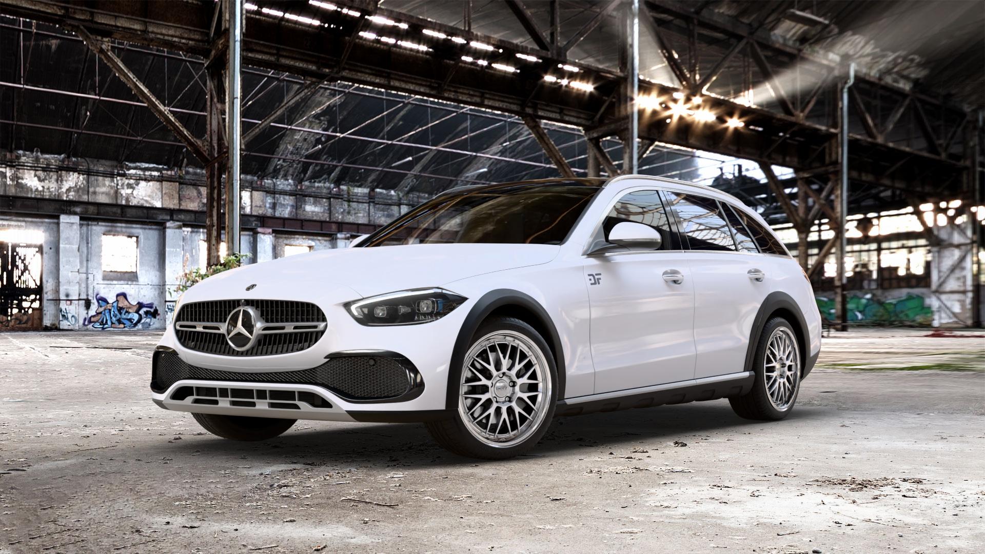 DOTZ BILBAO SILVER/POLISHED LIP Felge mit Reifen silber in 19Zoll Winterfelge Alufelge auf weissem Mercedes C-Klasse Typ S206 All-Terrain 1,5l C 200 4Matic 150kW Mild-Hybrid (204 PS) 2,0l 220d 145kW (197 ⬇️ mit 15mm Tieferlegung ⬇️ Old Industrial Hall_max_5300mm_2024 Frontansicht_1
