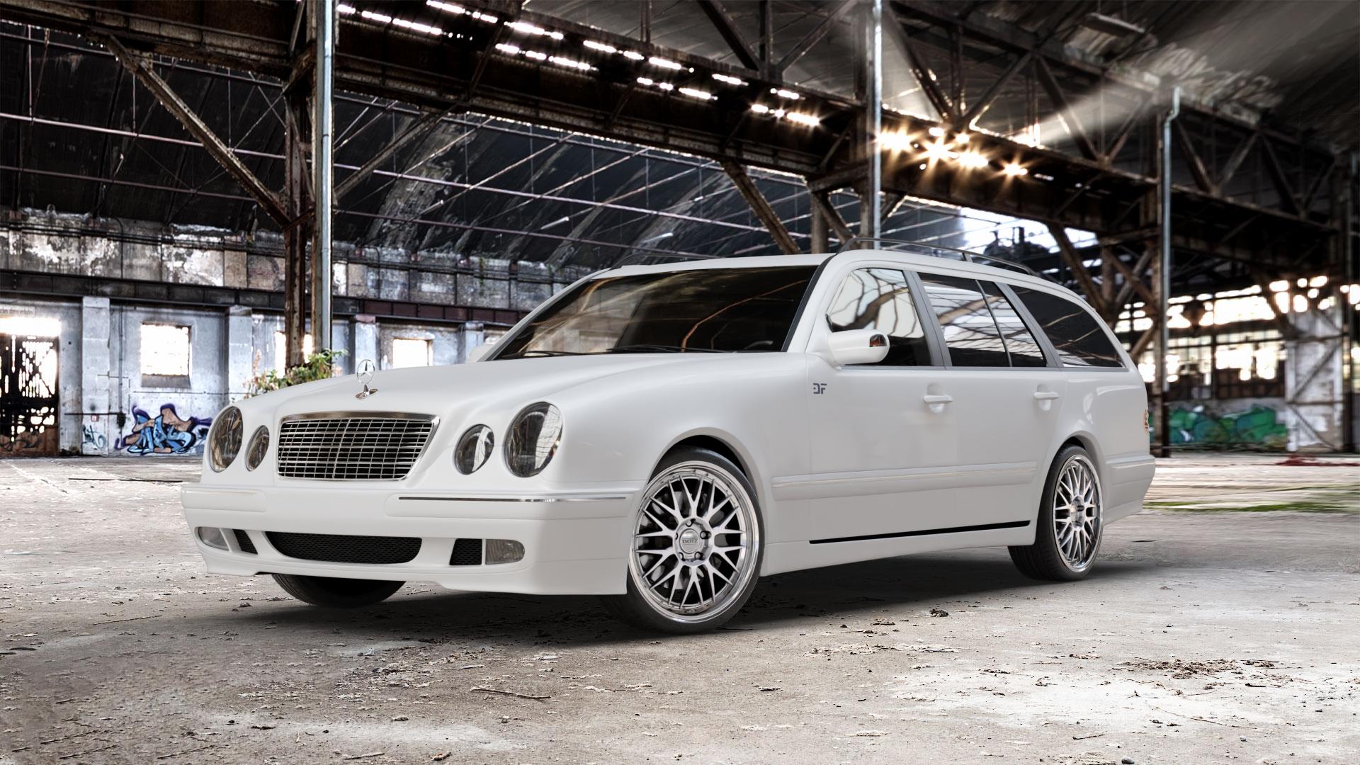 DOTZ BILBAO SILVER/POLISHED LIP Felge mit Reifen silber in 19Zoll Winterfelge Alufelge auf weissem Mercedes E-Klasse Typ S210 Kombi ⬇️ mit 15mm Tieferlegung ⬇️ Old Industrial Hall_max_5300mm_2024 Frontansicht_1