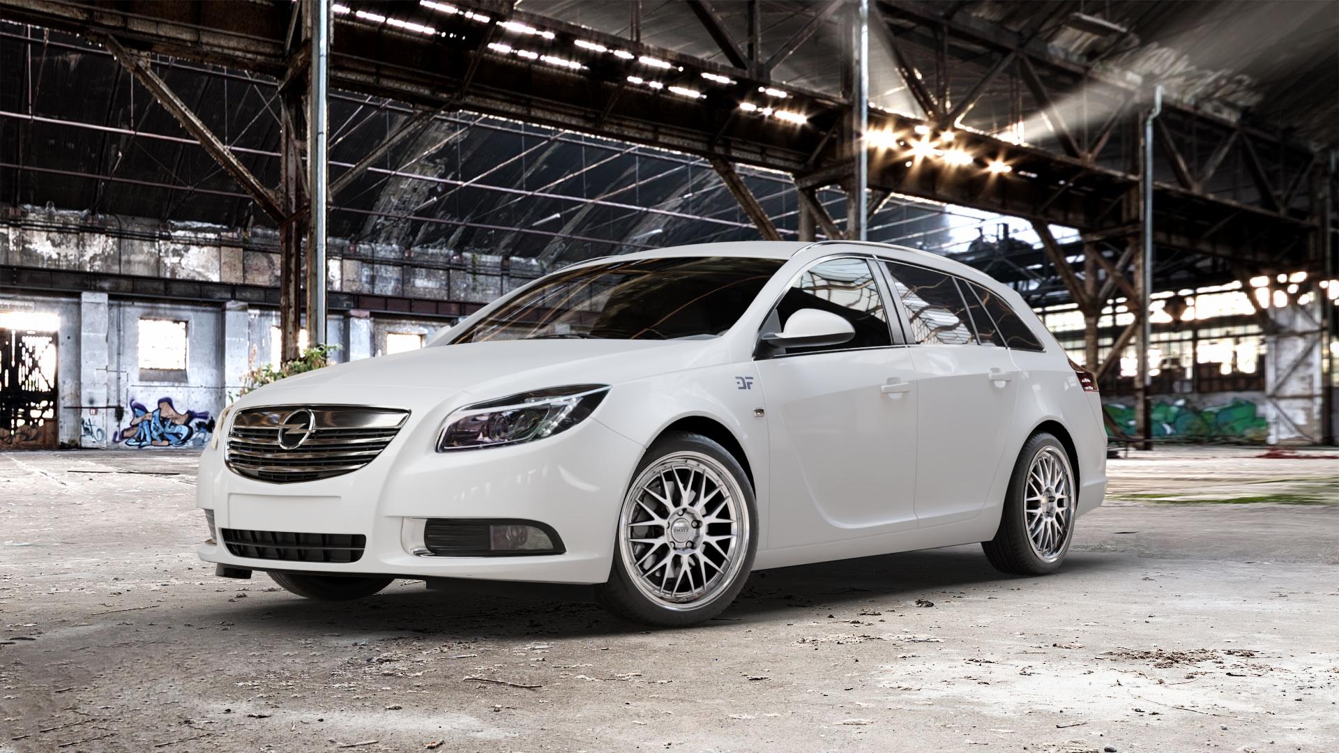 DOTZ BILBAO SILVER/POLISHED LIP Felge mit Reifen silber in 19Zoll Winterfelge Alufelge auf weissem Opel Insignia I Sports Tourer Facelift ⬇️ mit 15mm Tieferlegung ⬇️ Old Industrial Hall_max_5300mm_2024 Frontansicht_1