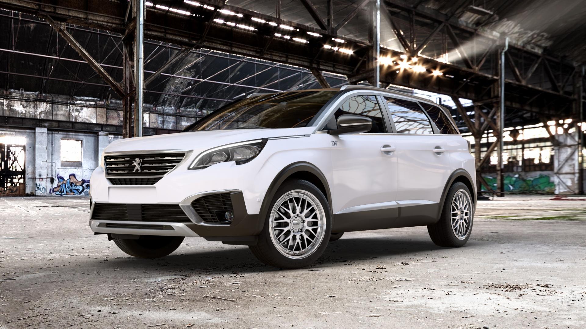 DOTZ BILBAO SILVER/POLISHED LIP Felge mit Reifen silber in 19Zoll Winterfelge Alufelge auf weissem Peugeot 5008 II Typ M ⬇️ mit 15mm Tieferlegung ⬇️ Old Industrial Hall_max_5300mm_2024 Frontansicht_1