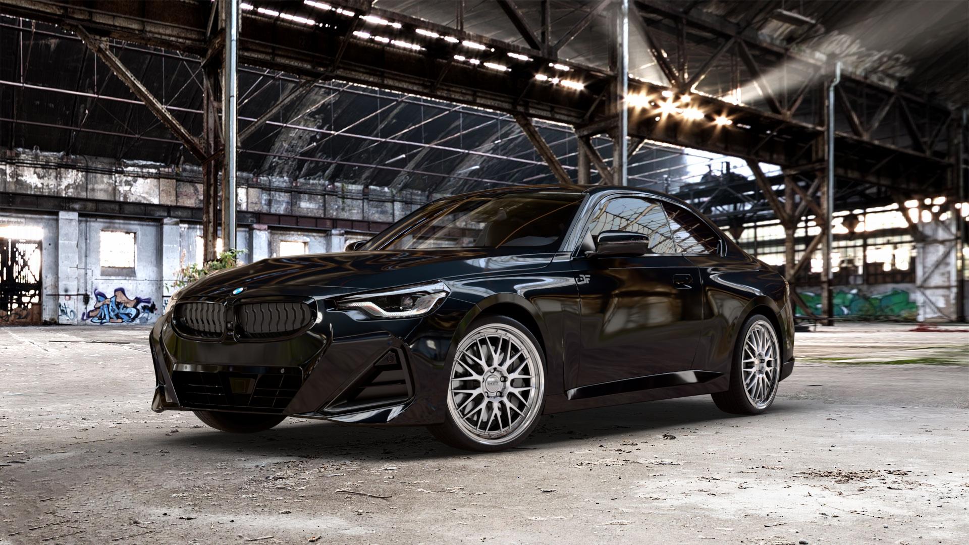 DOTZ BILBAO SILVER/POLISHED LIP Felge mit Reifen silber in 20Zoll Winterfelge Alufelge auf metallic schwarzem BMW 2er G42 Coupé (G2C) ⬇️ mit 15mm Tieferlegung ⬇️ Old Industrial Hall_max_5300mm_2024 Frontansicht_1