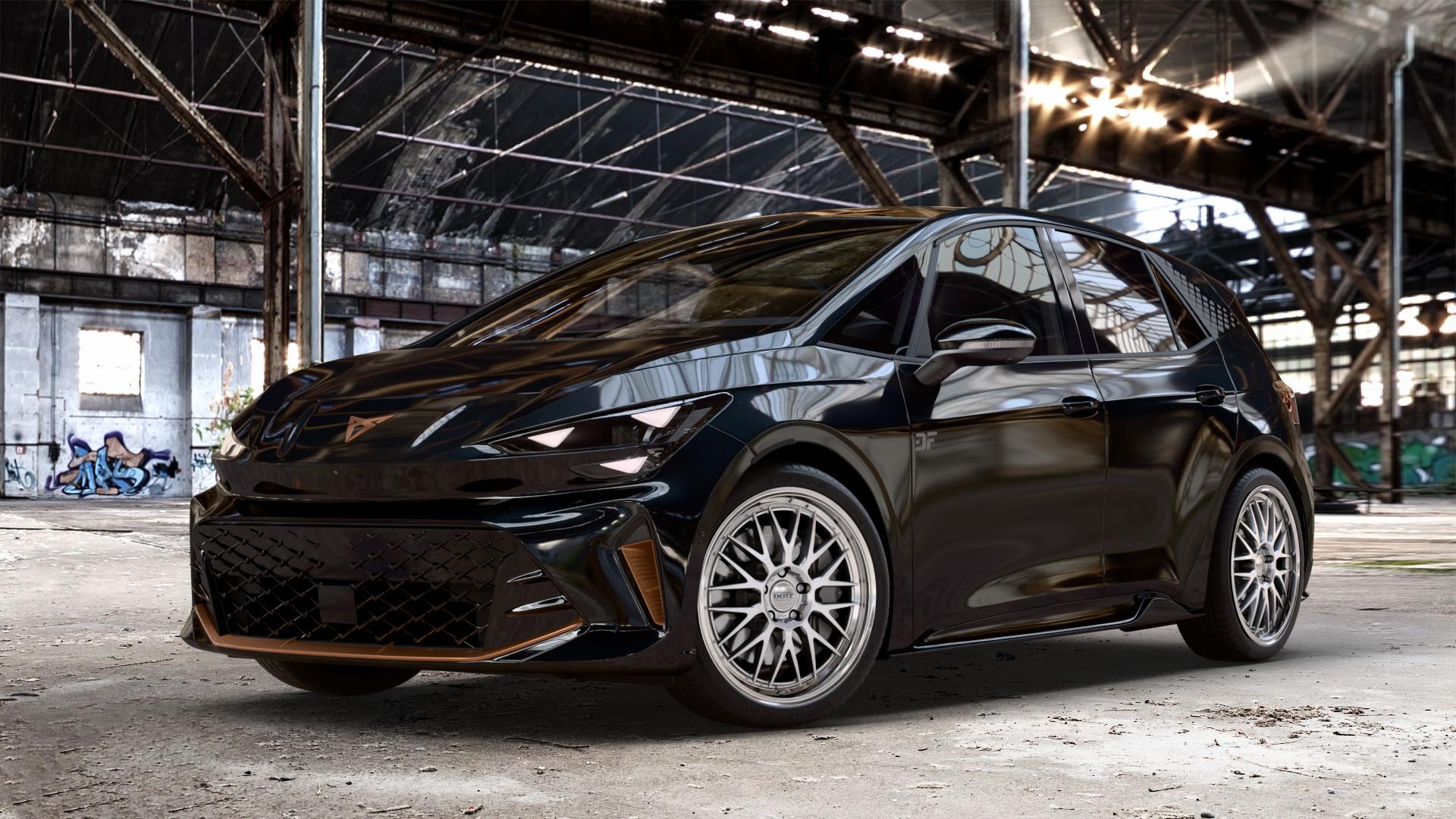 DOTZ BILBAO SILVER/POLISHED LIP Felge mit Reifen silber in 20Zoll Winterfelge Alufelge auf metallic schwarzem Cupra Born Facelift Typ K1 ⬇️ mit 15mm Tieferlegung ⬇️ Old Industrial Hall_max_4400mm_2024 Frontansicht_1
