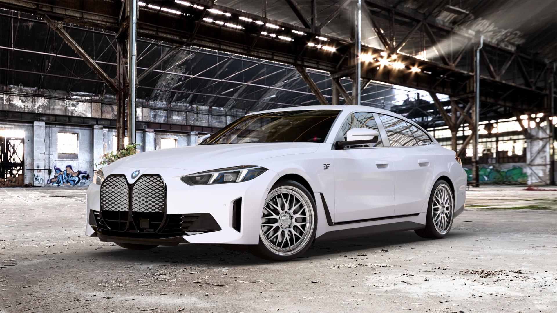 DOTZ BILBAO SILVER/POLISHED LIP Felge mit Reifen silber in 20Zoll Winterfelge Alufelge auf unilack weißem BMW i4 Facelift (G4C) ⬇️ mit 15mm Tieferlegung ⬇️ Old Industrial Hall_max_5300mm_2024 Frontansicht_1