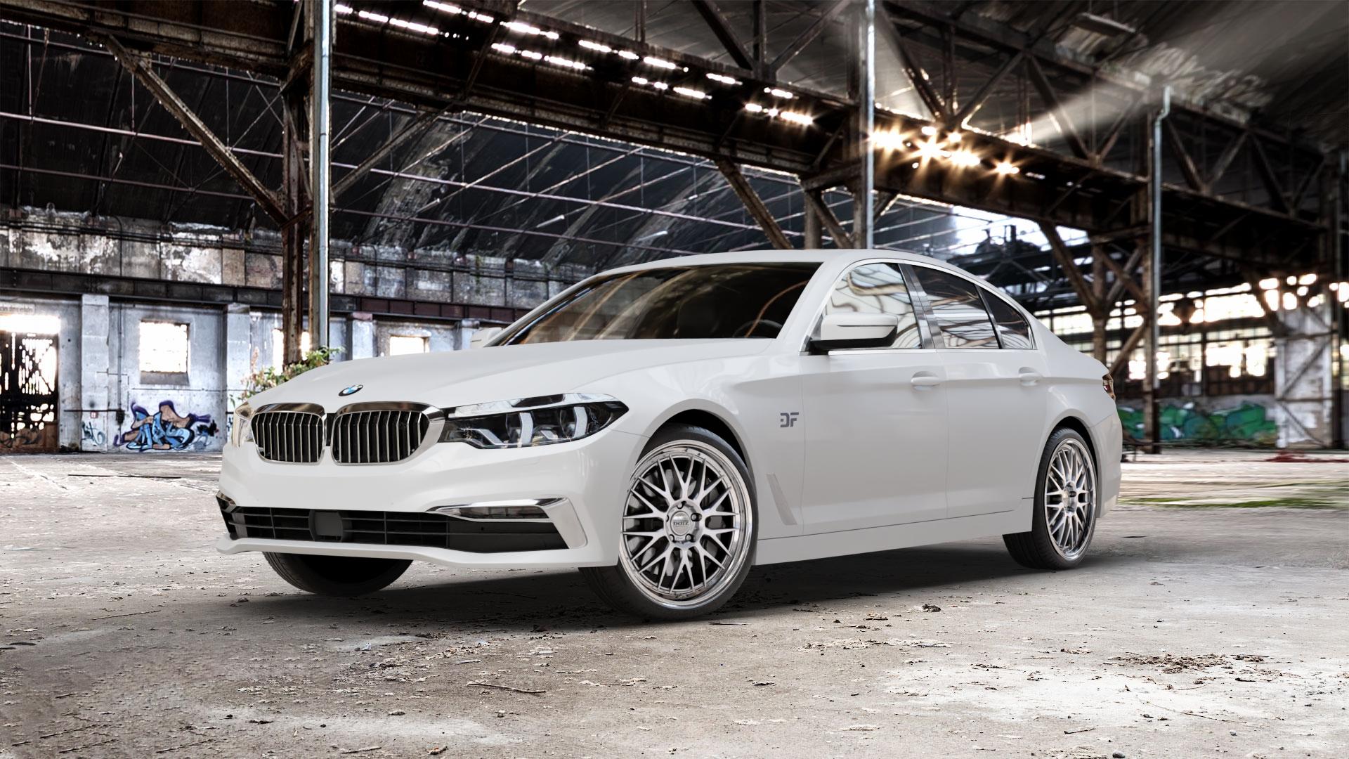 DOTZ BILBAO SILVER/POLISHED LIP Felge mit Reifen silber in 20Zoll Winterfelge Alufelge auf weissem BMW 5er G30 Limousine (G5L) ⬇️ mit 15mm Tieferlegung ⬇️ Old Industrial Hall_max_5300mm_2024 Frontansicht_1