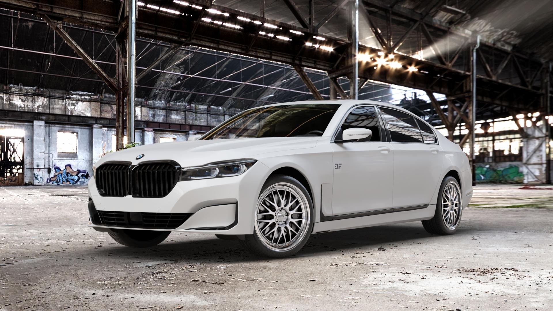 DOTZ BILBAO SILVER/POLISHED LIP Felge mit Reifen silber in 20Zoll Winterfelge Alufelge auf weissem BMW 730Li Typ G12 Facelift 740Li xDrive 745Le 750Li M760Li 7er Limousine lang (7L) ⬇️ mit 15mm Tieferlegung ⬇️ Old Industrial Hall_max_5300mm_2024 Frontansicht_1