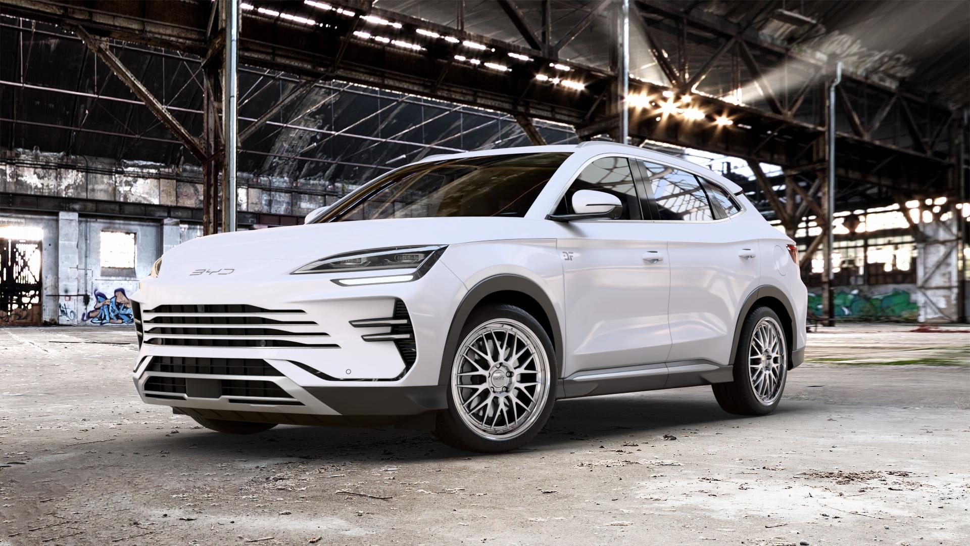 DOTZ BILBAO SILVER/POLISHED LIP Felge mit Reifen silber in 20Zoll Winterfelge Alufelge auf weissem BYD Seal U Typ SA3 0,0l 65kW (88 PS) 70kW (95 1,5l DM-i 72kW Hybrid (98 AWD 96kW (131 SA3-E ⬇️ mit 15mm Tieferlegung ⬇️ Old Industrial Hall_max_5300mm_2024 Frontansicht_1