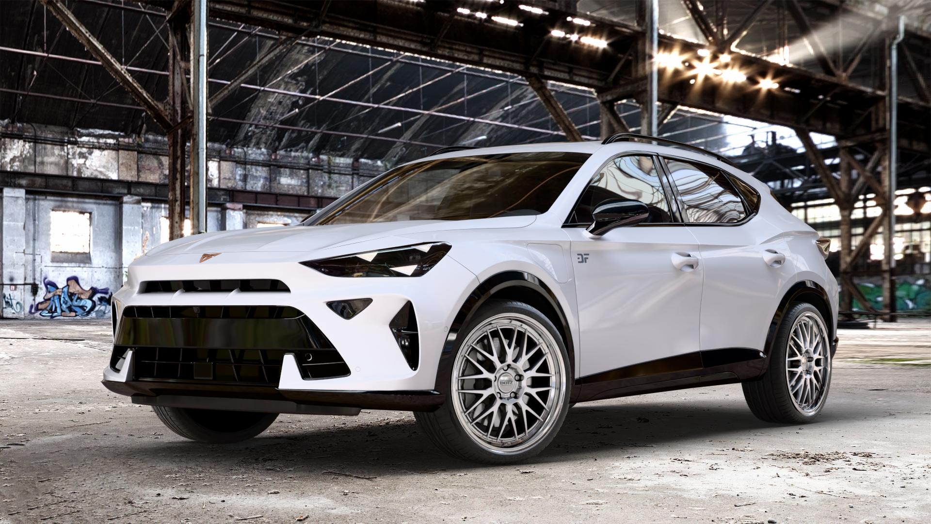 DOTZ BILBAO SILVER/POLISHED LIP Felge mit Reifen silber in 20Zoll Winterfelge Alufelge auf weissem Cupra Formentor Typ KM Facelift ⬇️ mit 15mm Tieferlegung ⬇️ Old Industrial Hall_max_4400mm_2024 Frontansicht_1