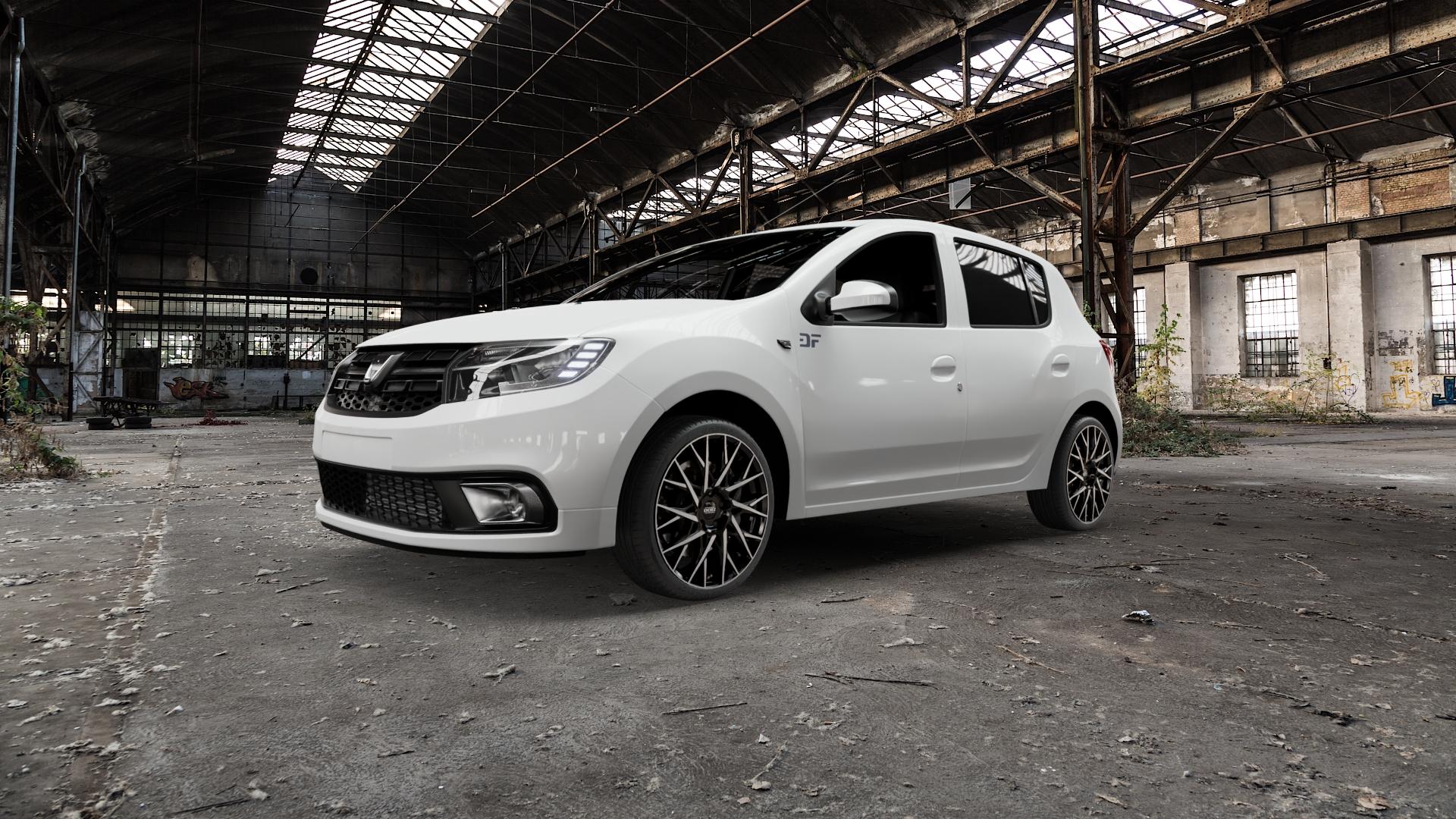 DOTZ FUJI BLACK/POLISHED Felge mit Reifen silber schwarz mehrfarbig in 18Zoll Winterfelge Alufelge auf weissem Dacia Sandero II Typ SD Facelift ⬇️ mit 15mm Tieferlegung ⬇️ Old Industrial Hall_max5000mm_2022 Frontansicht_1