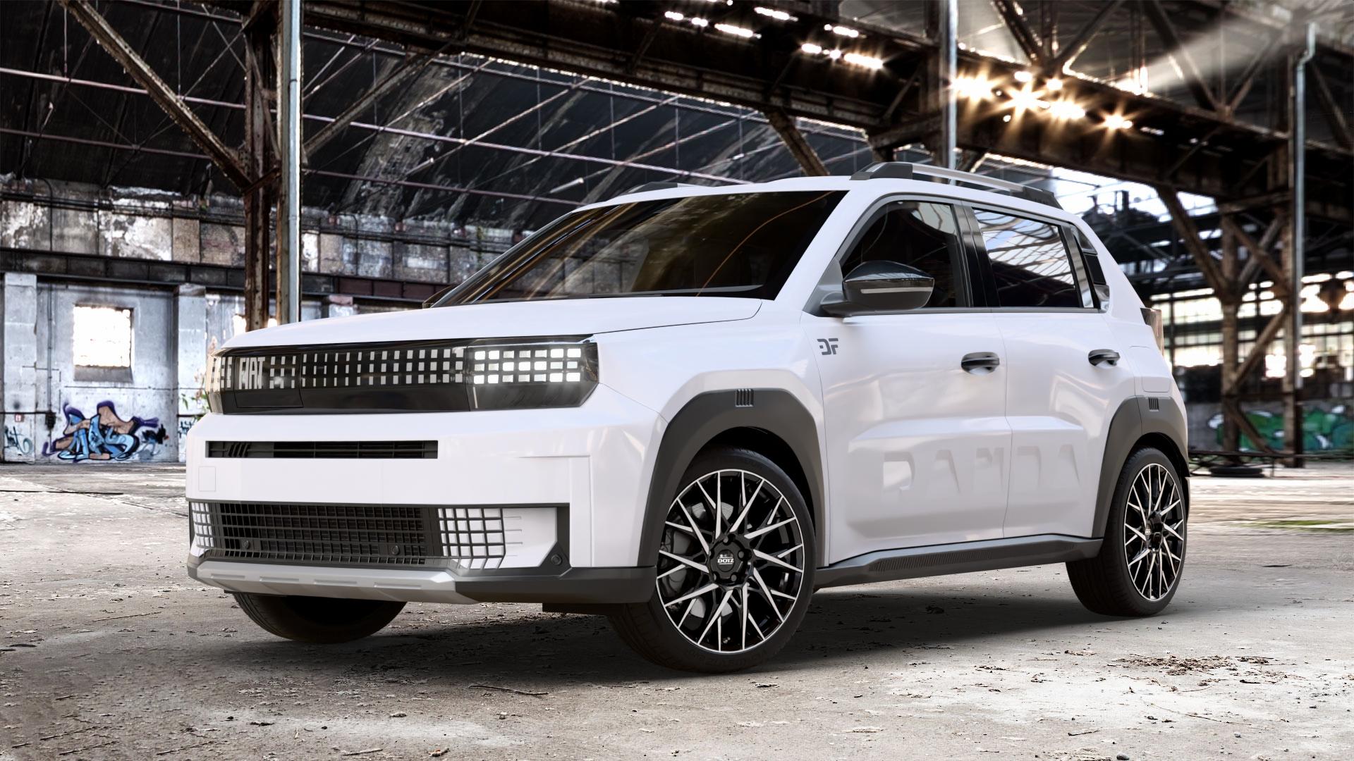 DOTZ FUJI BLACK/POLISHED Felge mit Reifen silber schwarz mehrfarbig in 18Zoll Winterfelge Alufelge auf weissem Fiat Grande Panda Typ C 1,2l PureTech 100 Mild-Hybrid 74kW (101 PS) 0,0l Elektro 53kW Electro (72 ⬇️ mit 15mm Tieferlegung ⬇️ Old Industrial Hall_max_4400mm_2024 Frontansicht_1