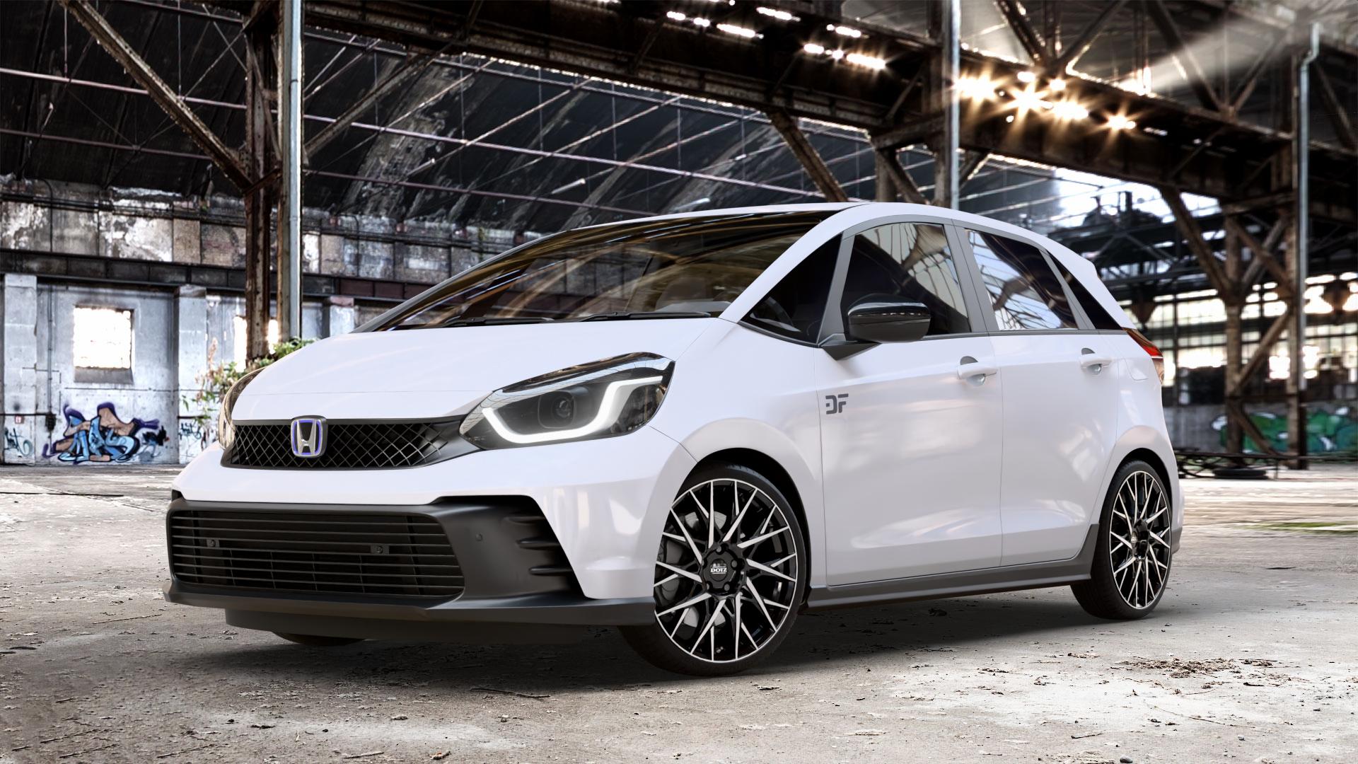 DOTZ FUJI BLACK/POLISHED Felge mit Reifen silber schwarz mehrfarbig in 18Zoll Winterfelge Alufelge auf weissem Honda Jazz V (GR) Facelift 1,5l e:HEV 79kW Mild-Hybrid (107 PS) ⬇️ mit 15mm Tieferlegung ⬇️ Old Industrial Hall_max_4400mm_2024 Frontansicht_1