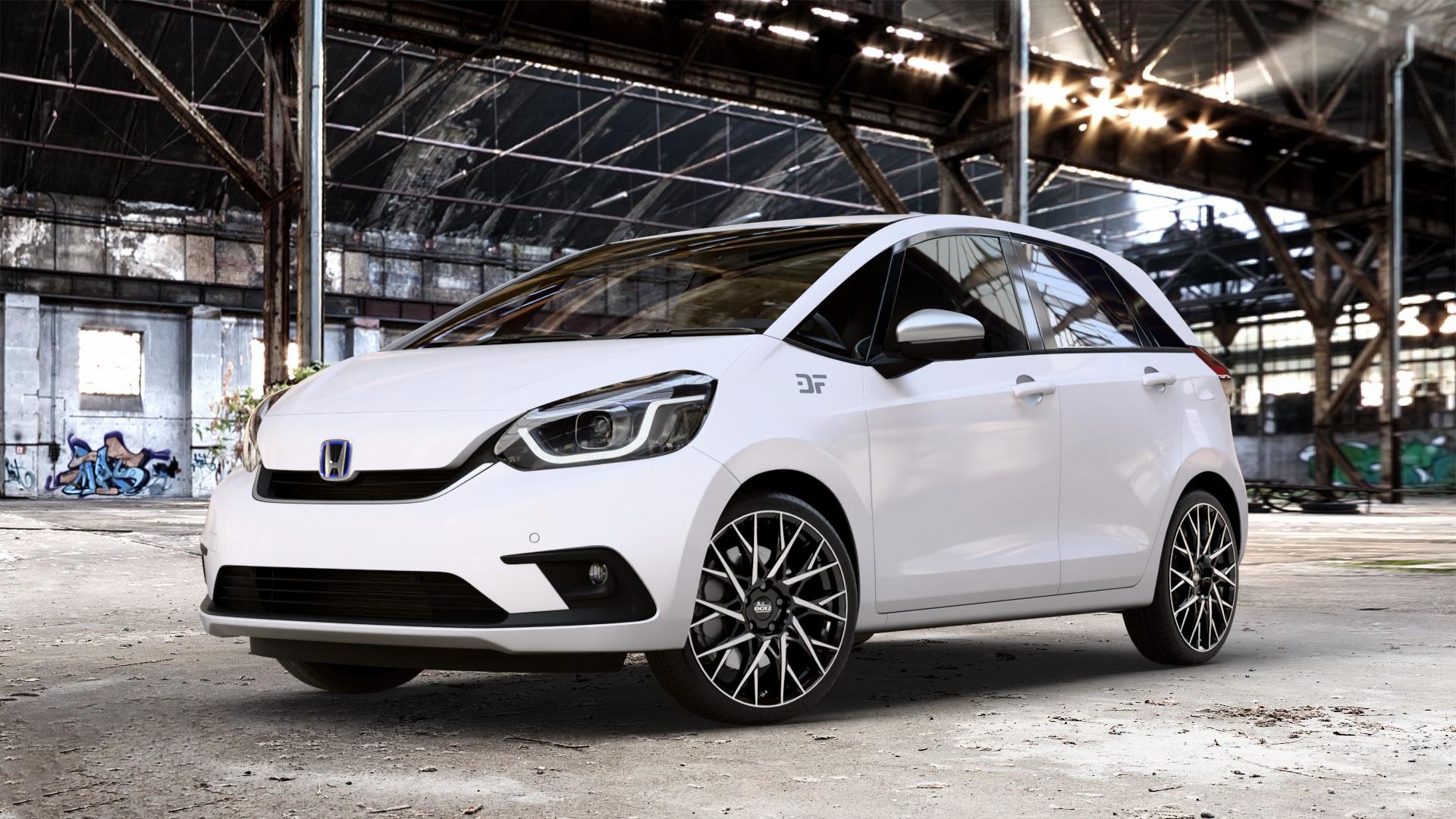 DOTZ FUJI BLACK/POLISHED Felge mit Reifen silber schwarz mehrfarbig in 18Zoll Winterfelge Alufelge auf weissem Honda Jazz V (GR) ⬇️ mit 15mm Tieferlegung ⬇️ Old Industrial Hall_max_4400mm_2024 Frontansicht_1