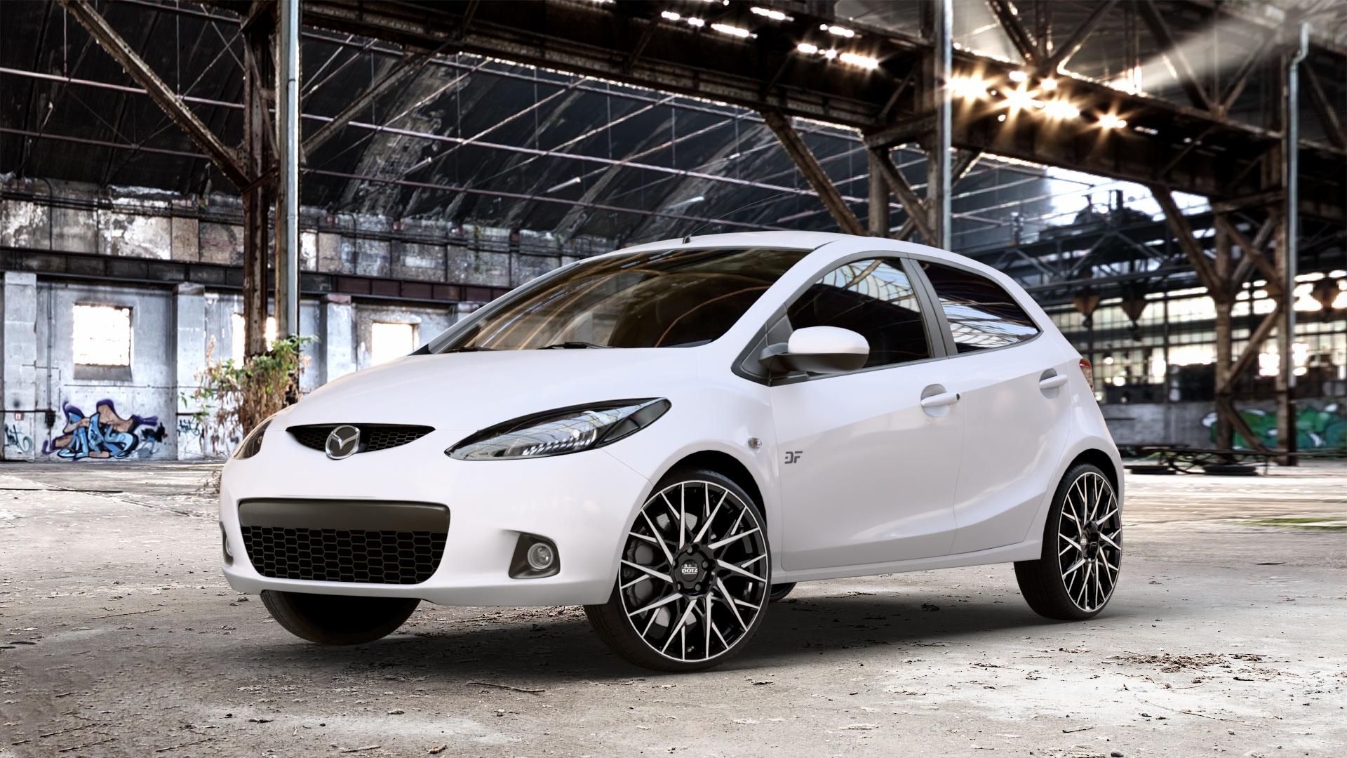 DOTZ FUJI BLACK/POLISHED Felge mit Reifen silber schwarz mehrfarbig in 18Zoll Winterfelge Alufelge auf weissem Mazda 2 (07-14) (DE) 1,3l MZR 55kW (75 PS) 63kW (86 1,5l 76kW (103 1,4l MZR-CD 50kW (68 1,6l MZ-CD 66kW (90 LPG 62kW (84 70kW (95 75kW (102 ⬇️ mit 15mm Tieferlegung ⬇️ Old Industrial Hall_max_4400mm_2024 Frontansicht_1