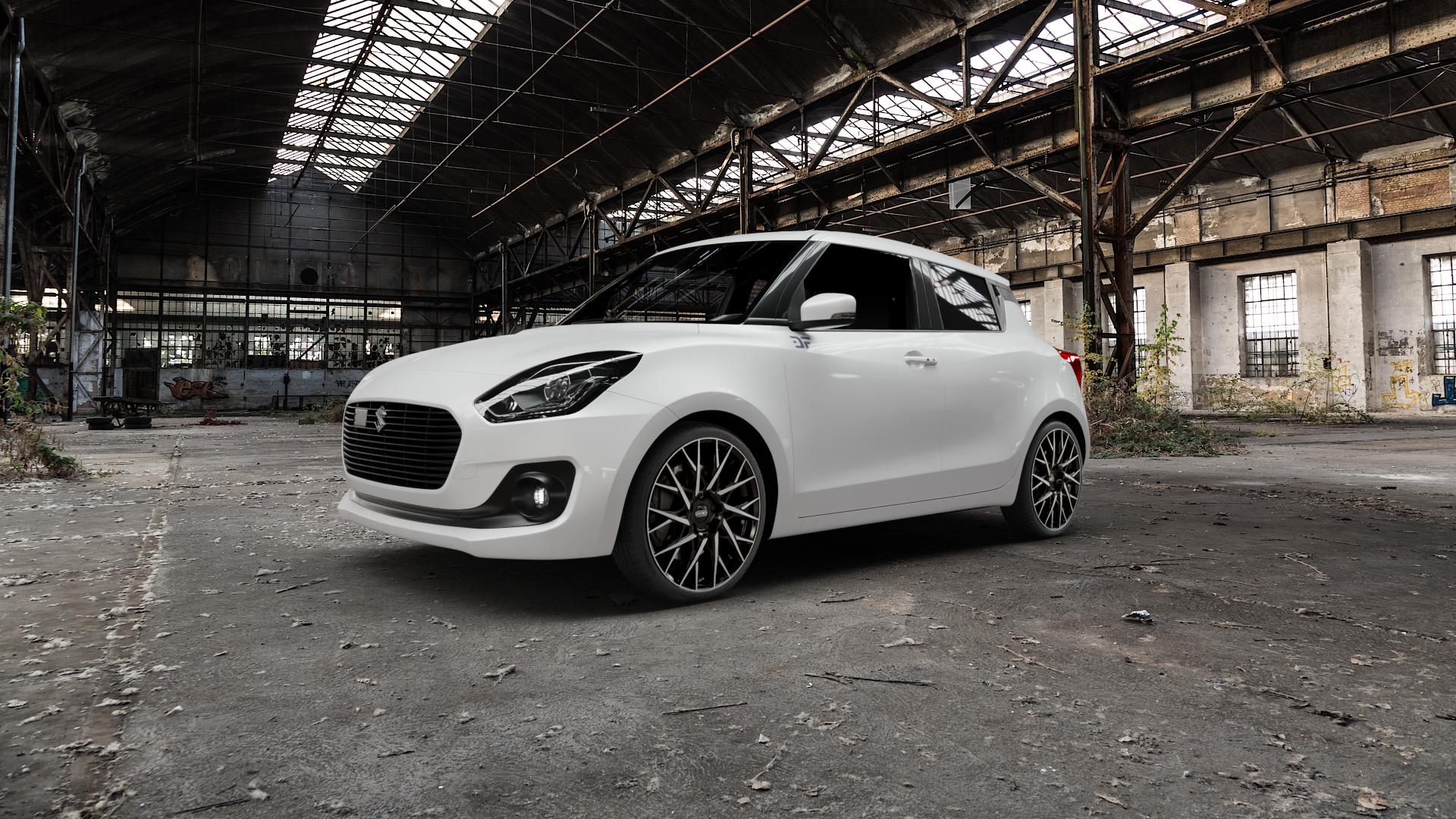 DOTZ FUJI BLACK/POLISHED Felge mit Reifen silber schwarz mehrfarbig in 18Zoll Winterfelge Alufelge auf weissem Suzuki Swift VI Typ AZ Facelift ⬇️ mit 15mm Tieferlegung ⬇️ Old Industrial Hall_max5000mm_2022 Frontansicht_1