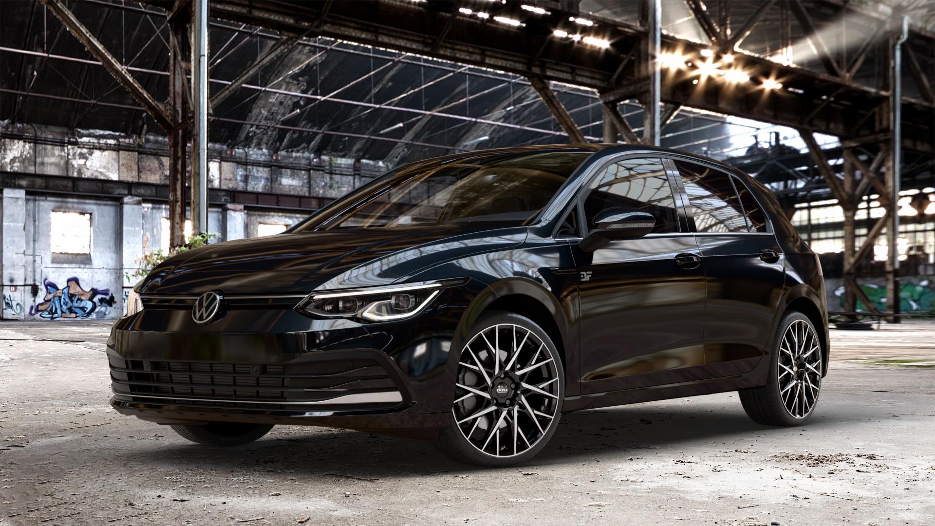 DOTZ FUJI BLACK/POLISHED Felge mit Reifen silber schwarz mehrfarbig in 19Zoll Winterfelge Alufelge auf metallic schwarzem Volkswagen (VW) Golf 8 1,5l TSI 96kW (131 PS) 110kW (150 2,0l TDI 85kW (116 Mild-Hybrid 1,0l 81kW (110 66kW (90 1,4l Hybrid TGI 4Motion 140kW (190 ⬇️ mit 15mm Tieferlegung ⬇️ Old Industrial Hall_max_4400mm_2024 Frontansicht_1