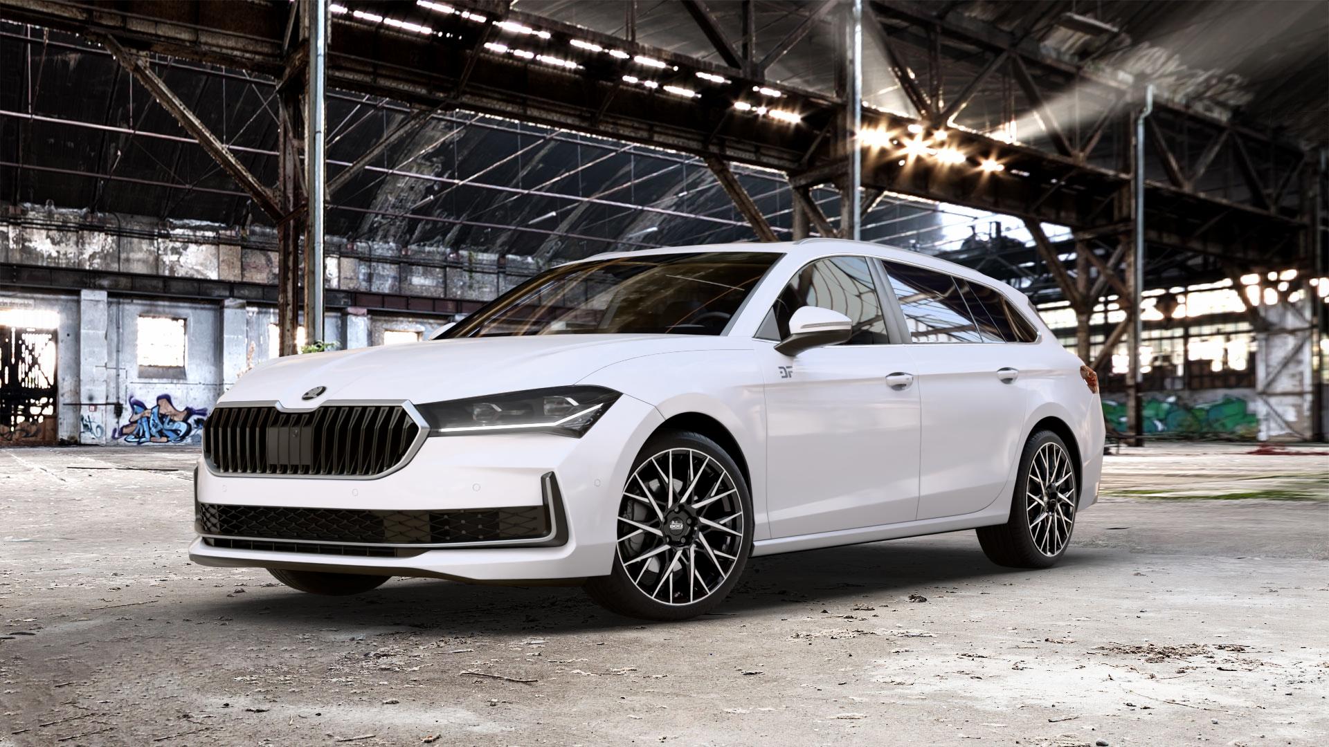 DOTZ FUJI BLACK/POLISHED Felge mit Reifen silber schwarz mehrfarbig in 19Zoll Winterfelge Alufelge auf weissem Skoda Superb IV Kombi Typ NZ 1,5l TSI 110kW Mild-Hybrid (150 PS) Hybrid 2,0l TDI 4x4 142kW (193 195kW (265 ⬇️ mit 15mm Tieferlegung ⬇️ Old Industrial Hall_max_5300mm_2024 Frontansicht_1