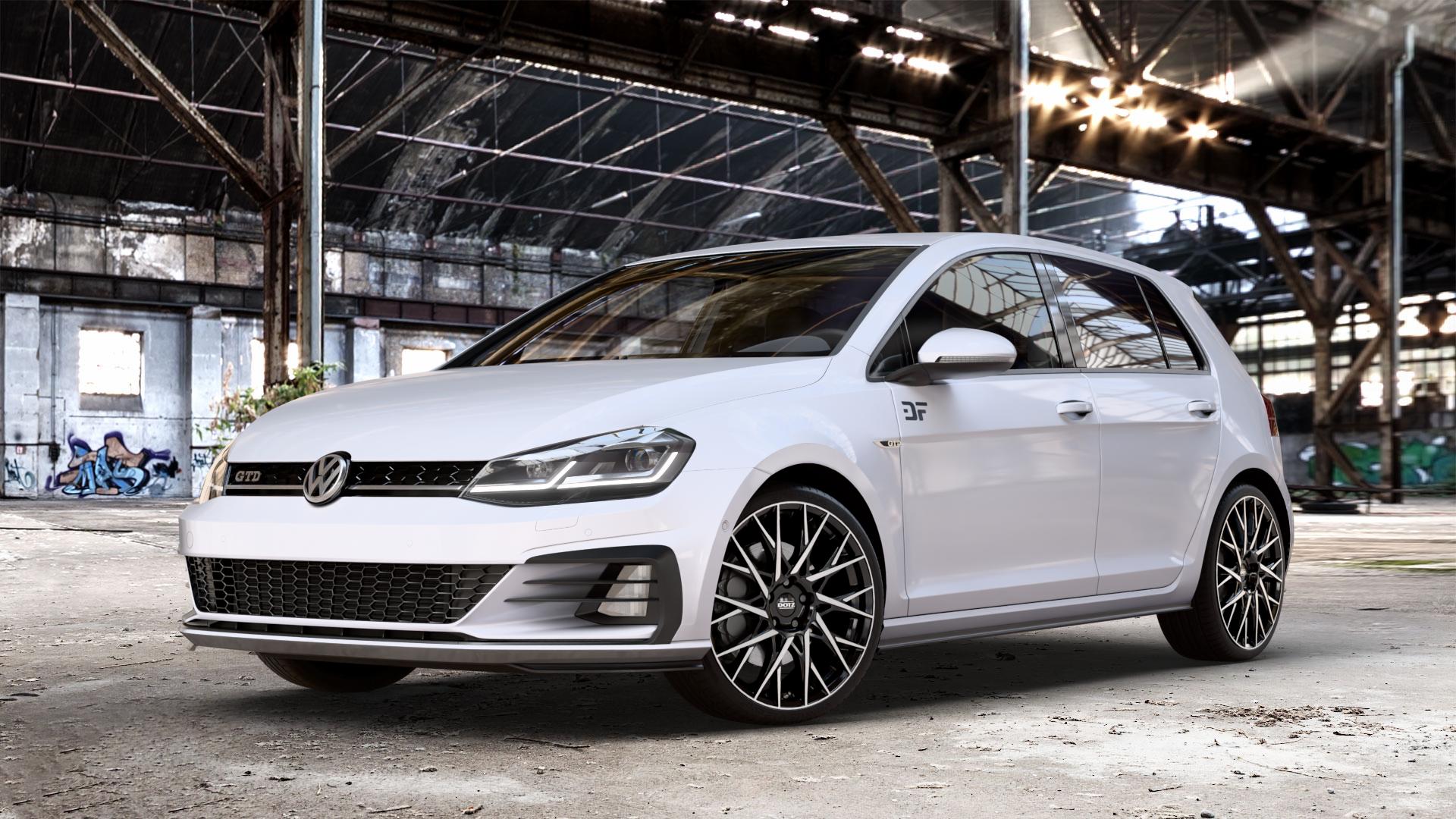 DOTZ FUJI BLACK/POLISHED Felge mit Reifen silber schwarz mehrfarbig in 19Zoll Winterfelge Alufelge auf weissem Volkswagen (VW) Golf 7 2,0l GTD 135kW (184 PS) Facelift ⬇️ mit 15mm Tieferlegung ⬇️ Old Industrial Hall_max_4400mm_2024 Frontansicht_1