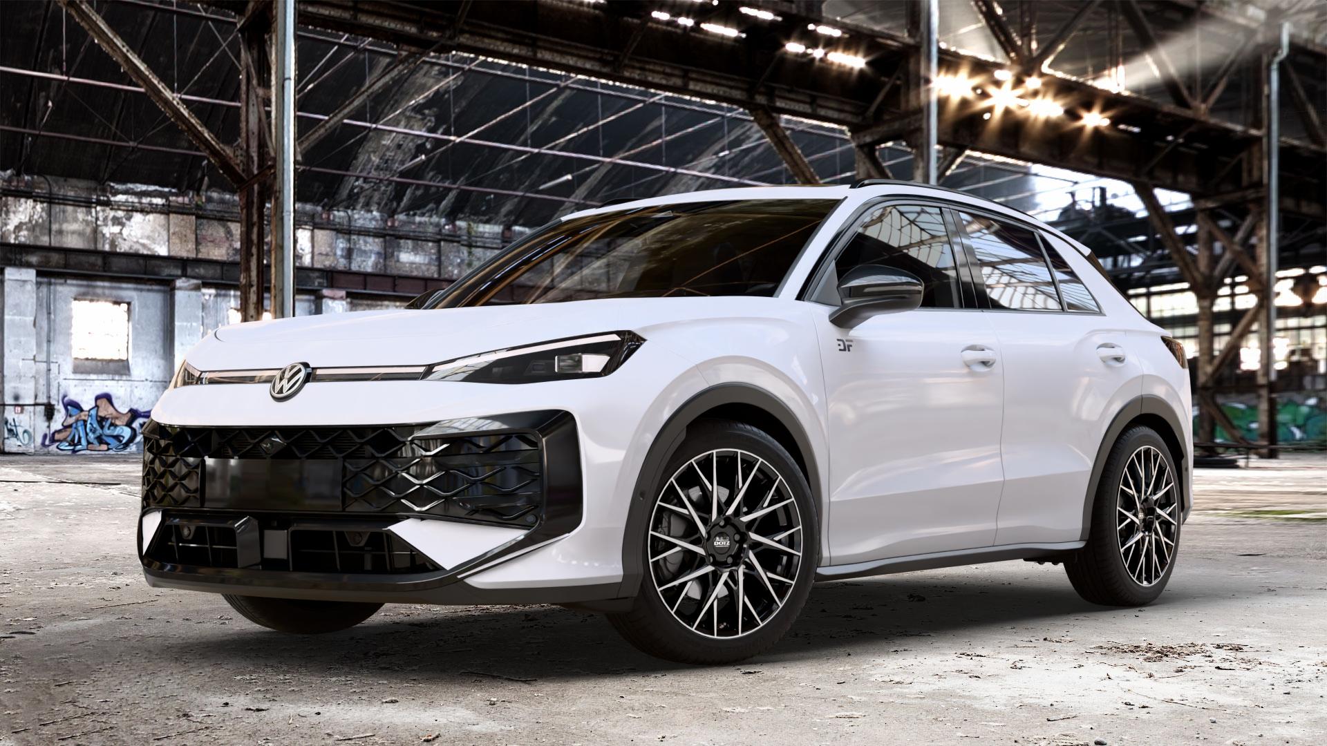 DOTZ FUJI BLACK/POLISHED Felge mit Reifen silber schwarz mehrfarbig in 19Zoll Winterfelge Alufelge auf weissem Volkswagen (VW) T-Roc Typ A2 ⬇️ mit 15mm Tieferlegung ⬇️ Old Industrial Hall_max_4400mm_2024 Frontansicht_1