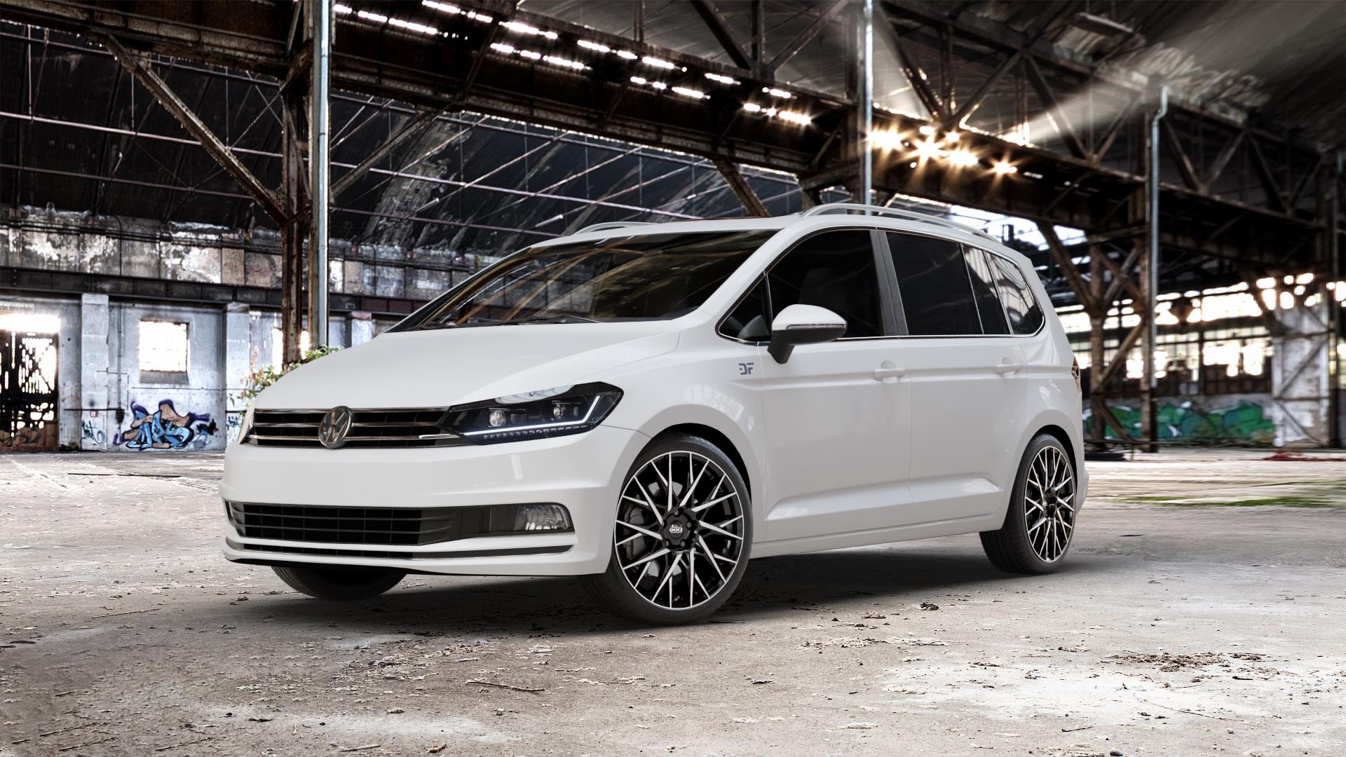 DOTZ FUJI BLACK/POLISHED Felge mit Reifen silber schwarz mehrfarbig in 19Zoll Winterfelge Alufelge auf weissem Volkswagen (VW) Touran III Typ 1T (15->) ⬇️ mit 15mm Tieferlegung ⬇️ Old Industrial Hall_max_5300mm_2024 Frontansicht_1