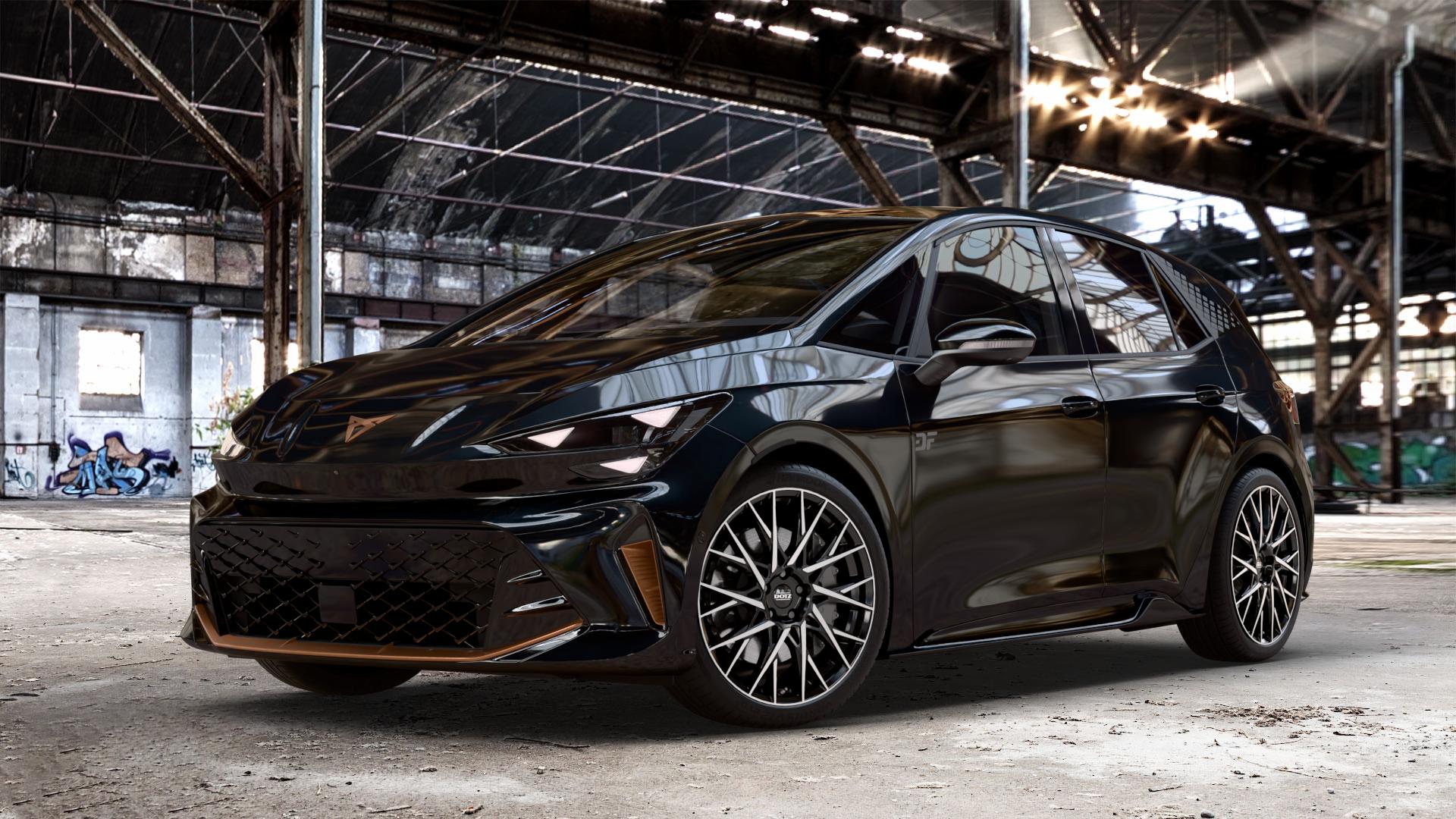 DOTZ FUJI BLACK/POLISHED Felge mit Reifen silber schwarz mehrfarbig in 20Zoll Winterfelge Alufelge auf metallic schwarzem Cupra Born Facelift Typ K1 ⬇️ mit 15mm Tieferlegung ⬇️ Old Industrial Hall_max_4400mm_2024 Frontansicht_1