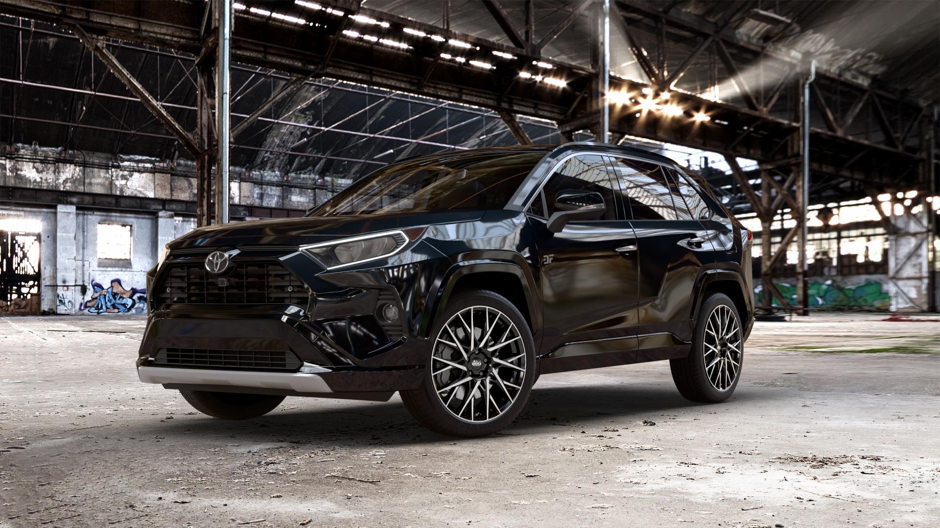 DOTZ FUJI BLACK/POLISHED Felge mit Reifen silber schwarz mehrfarbig in 20Zoll Winterfelge Alufelge auf metallic schwarzem Toyota RAV 4 V Typ XA5(EU,M) Rav ⬇️ mit 15mm Tieferlegung ⬇️ Old Industrial Hall_max_5300mm_2024 Frontansicht_1