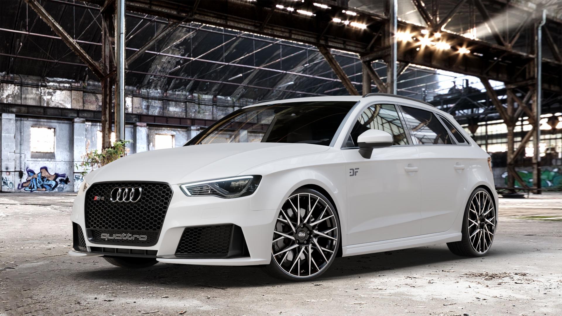 DOTZ FUJI BLACK/POLISHED Felge mit Reifen silber schwarz mehrfarbig in 20Zoll Winterfelge Alufelge auf weissem Audi A3 Typ 8V (Sportback) 2,5l TFSI quattro 270kW RS3 (367 PS) Facelift 294kW (400 ⬇️ mit 15mm Tieferlegung ⬇️ Old Industrial Hall_max_4400mm_2024 Frontansicht_1