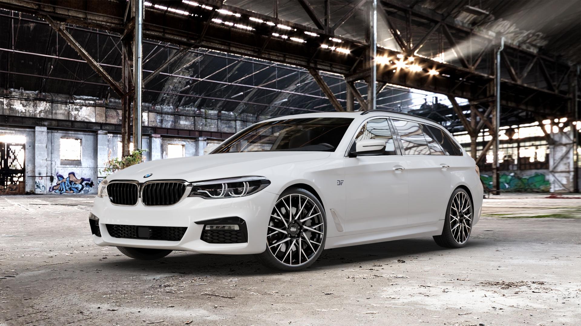 DOTZ FUJI BLACK/POLISHED Felge mit Reifen silber schwarz mehrfarbig in 20Zoll Winterfelge Alufelge auf weissem BMW M5 Typ F90 (Limousine) Facelift 5er G31 Touring (G5K) ⬇️ mit 15mm Tieferlegung ⬇️ Old Industrial Hall_max_5300mm_2024 Frontansicht_1